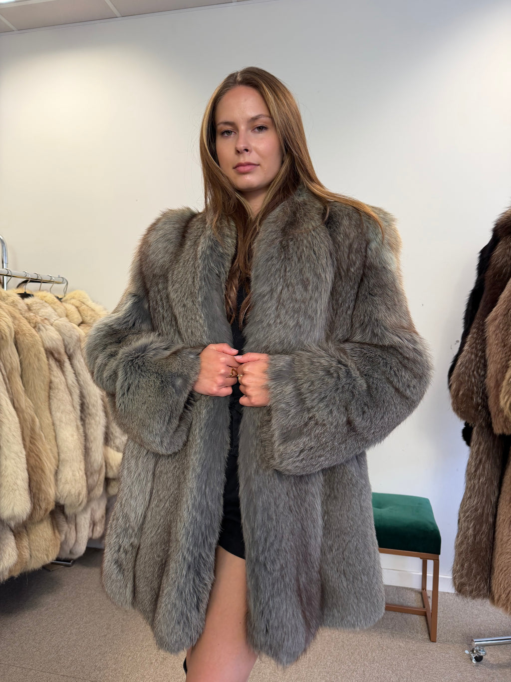 Blue Fox Fur Coat, Light Blue, Size M