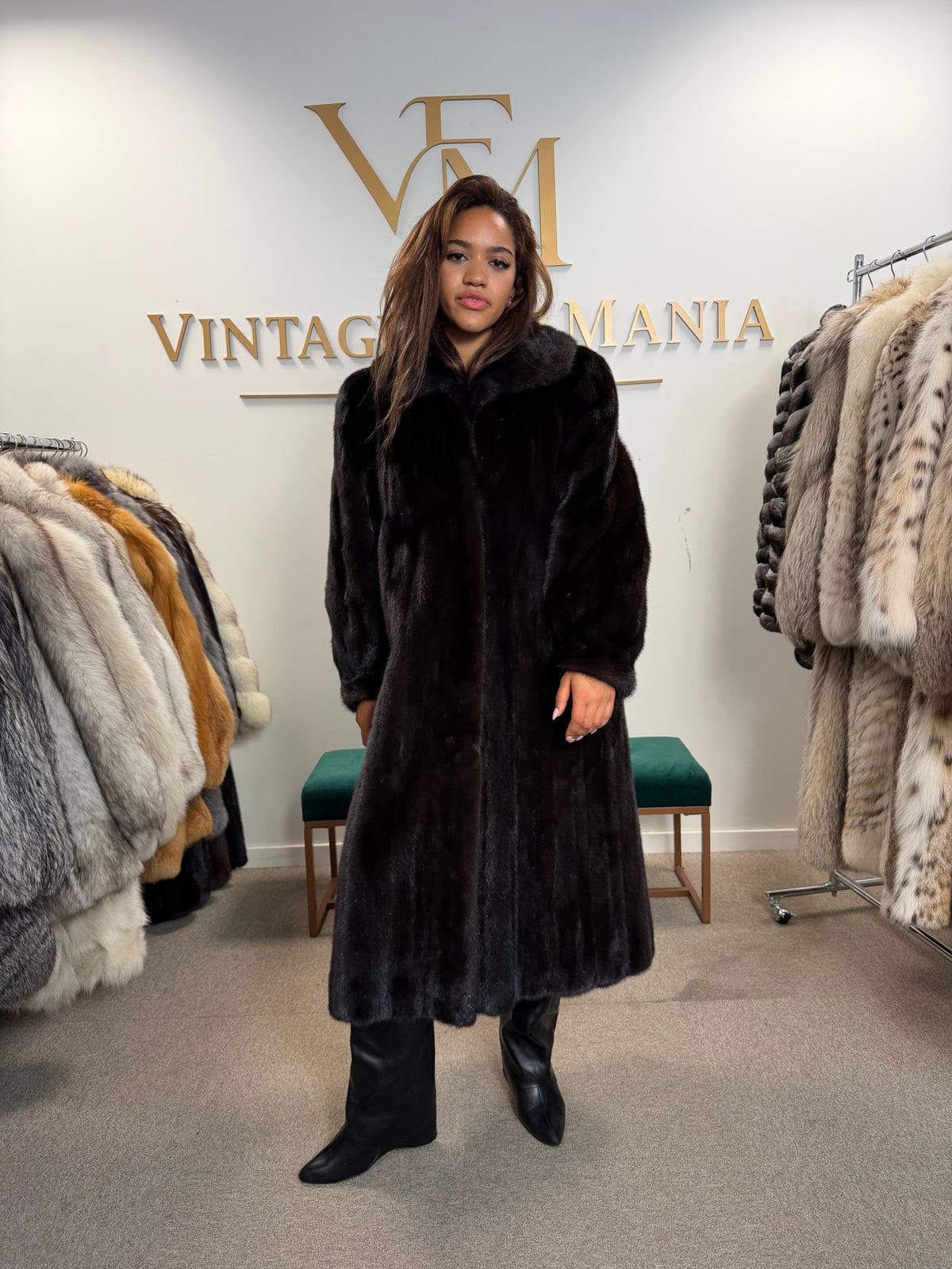 Mink Fur Coat, Dark Brown Almost Black, XL, Crown Lining
