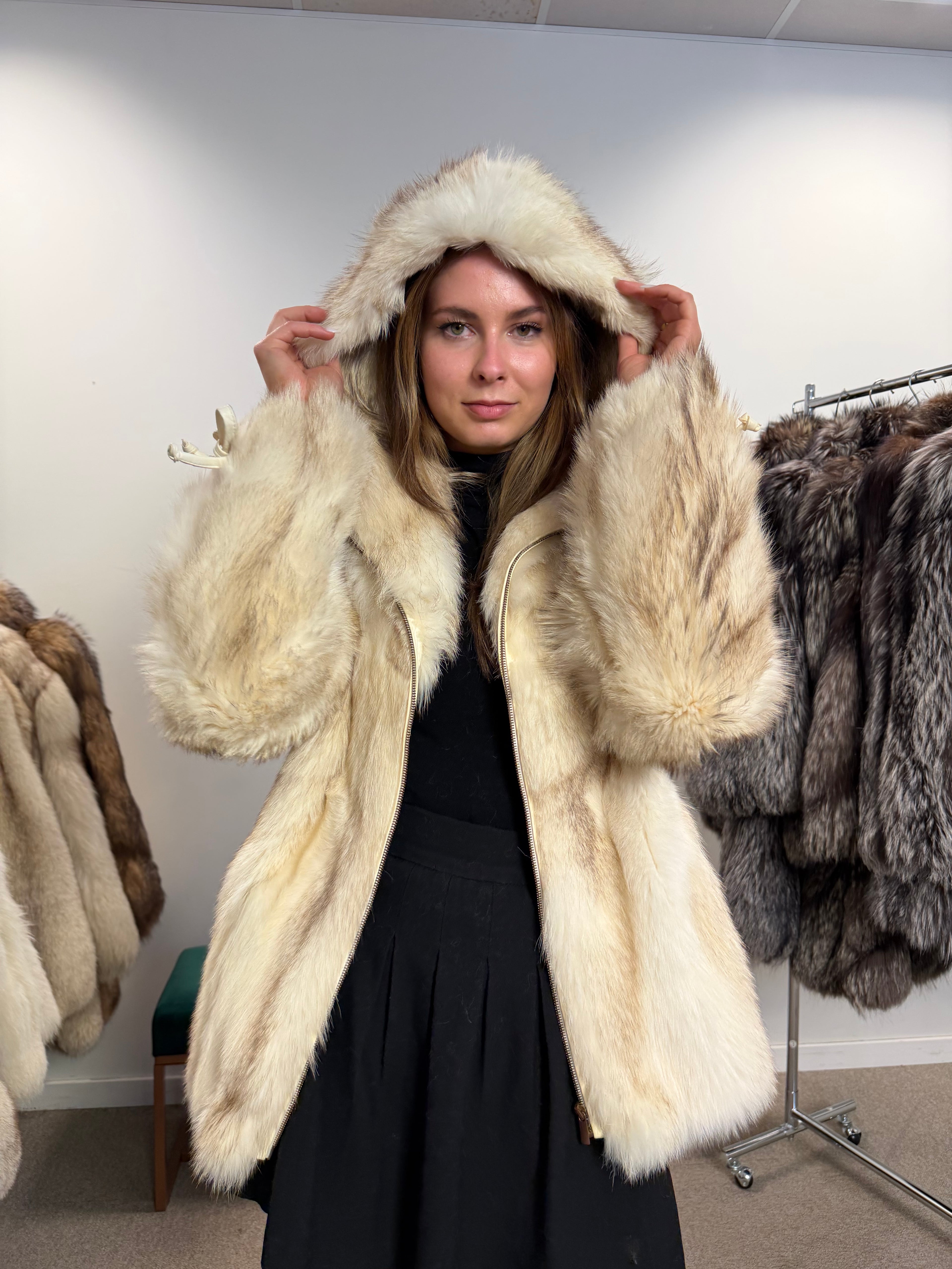 White Fox Fur Jacket, Hooded, Size M
