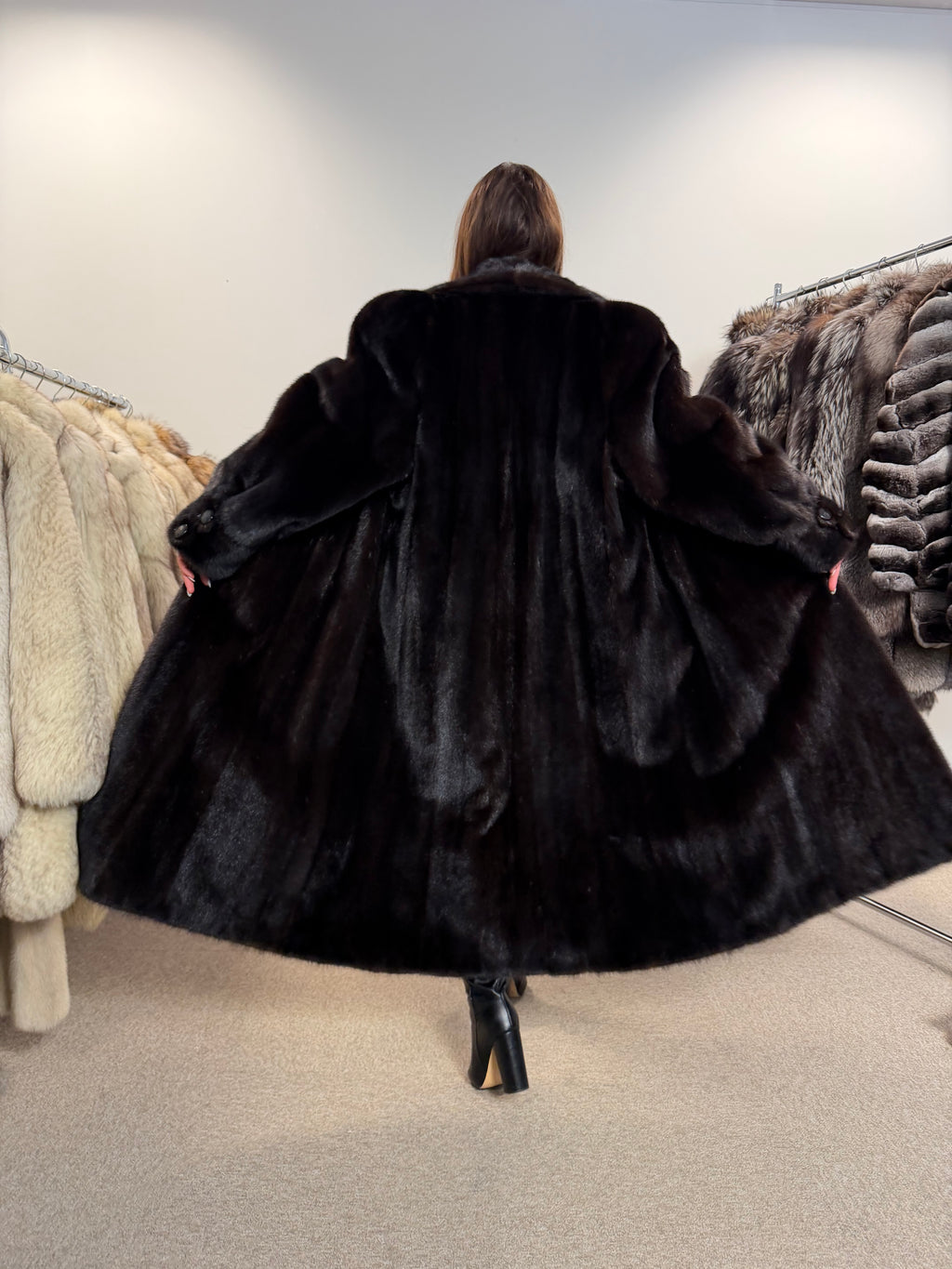 Luxury Mink Fur Coat, Dark Brown, Extra Long, Size L