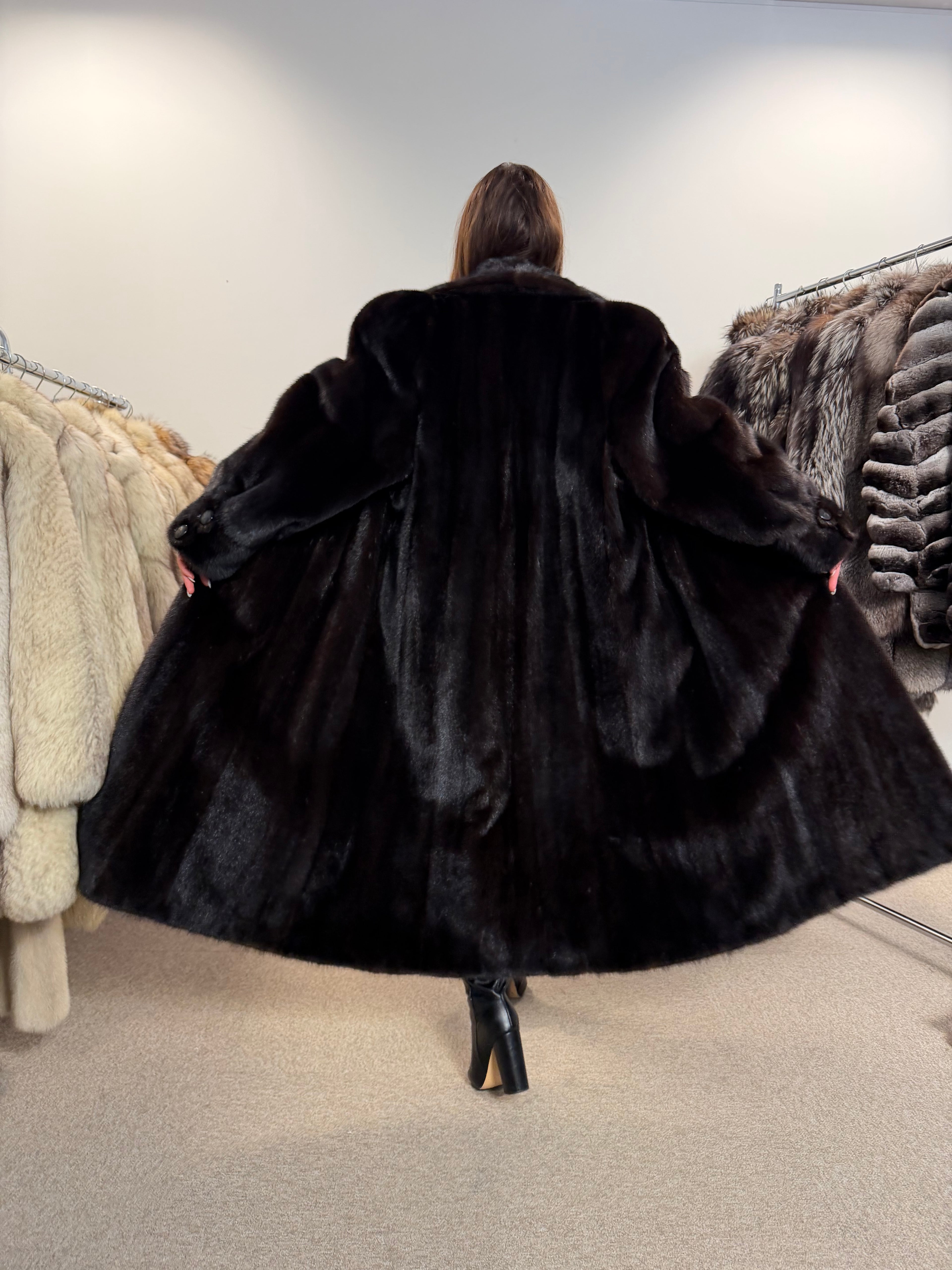 Luxury Mink Fur Coat, Dark Brown, Extra Long, Size L