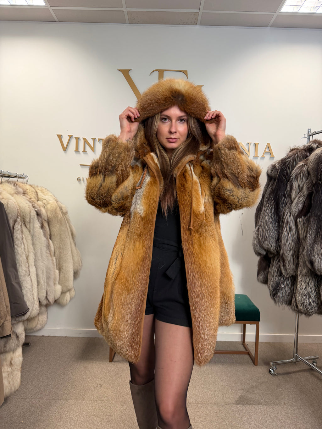 Red Fox Fur Coat, Large, Hooded