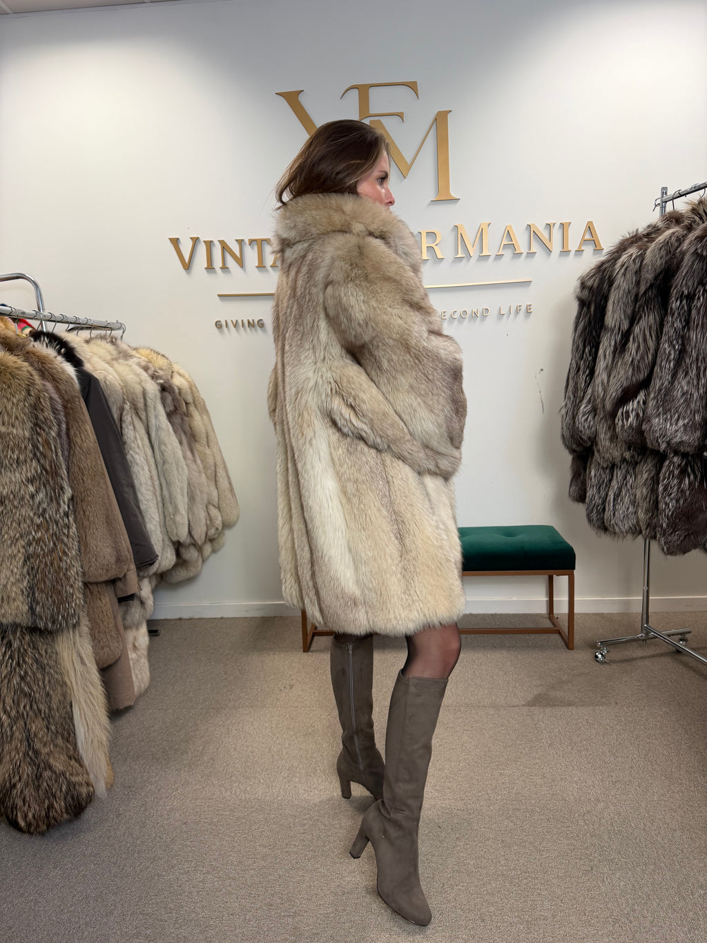 White Fox Fur Coat, Large, Brown Lining