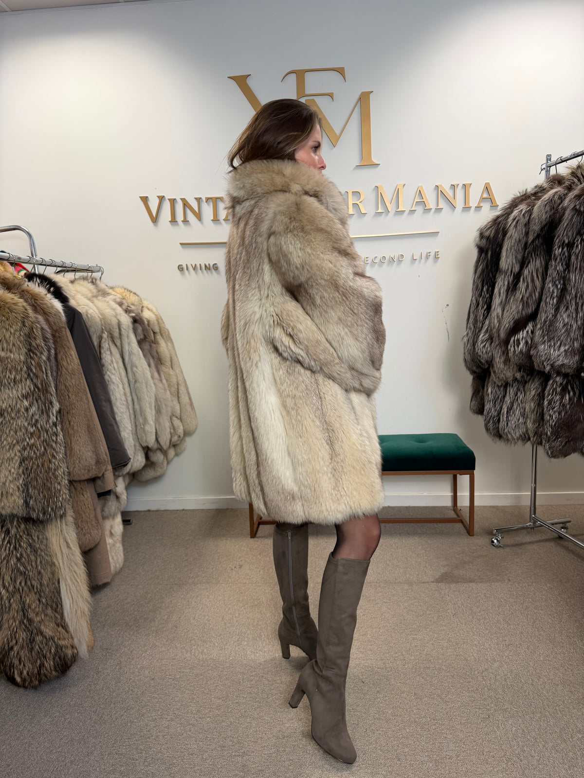 White Fox Fur Coat, Large, Brown Lining