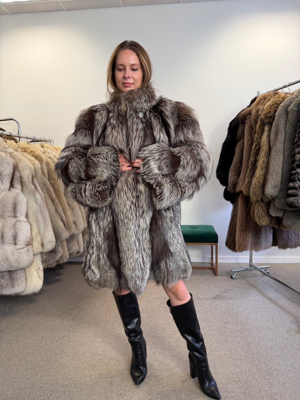 Real Silver Fox Fur Coat, Oversized, Size XL