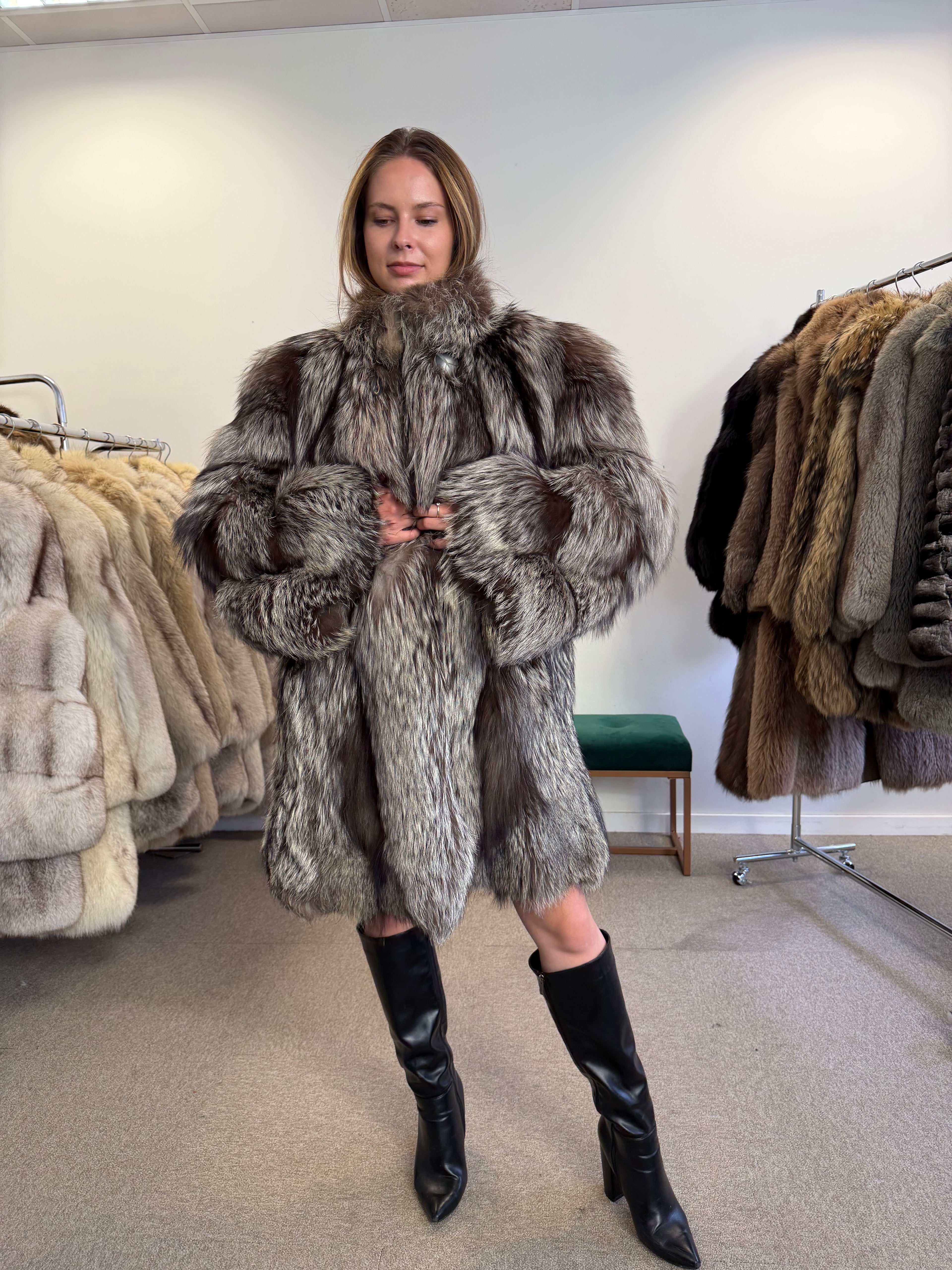 Real Silver Fox Fur Coat, Oversized, Size XL
