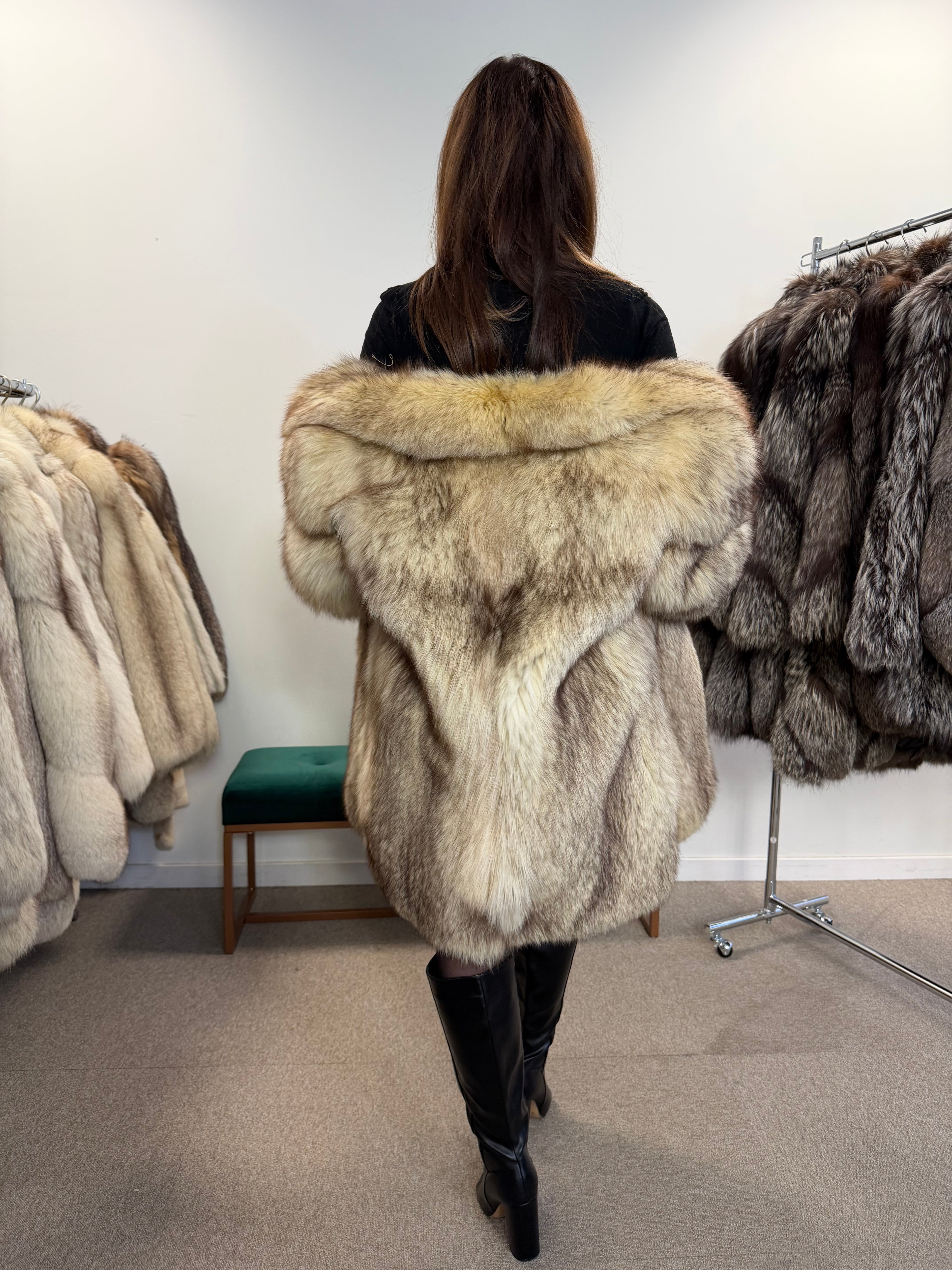 White Nordic Fox Real Fur Coat, Size L