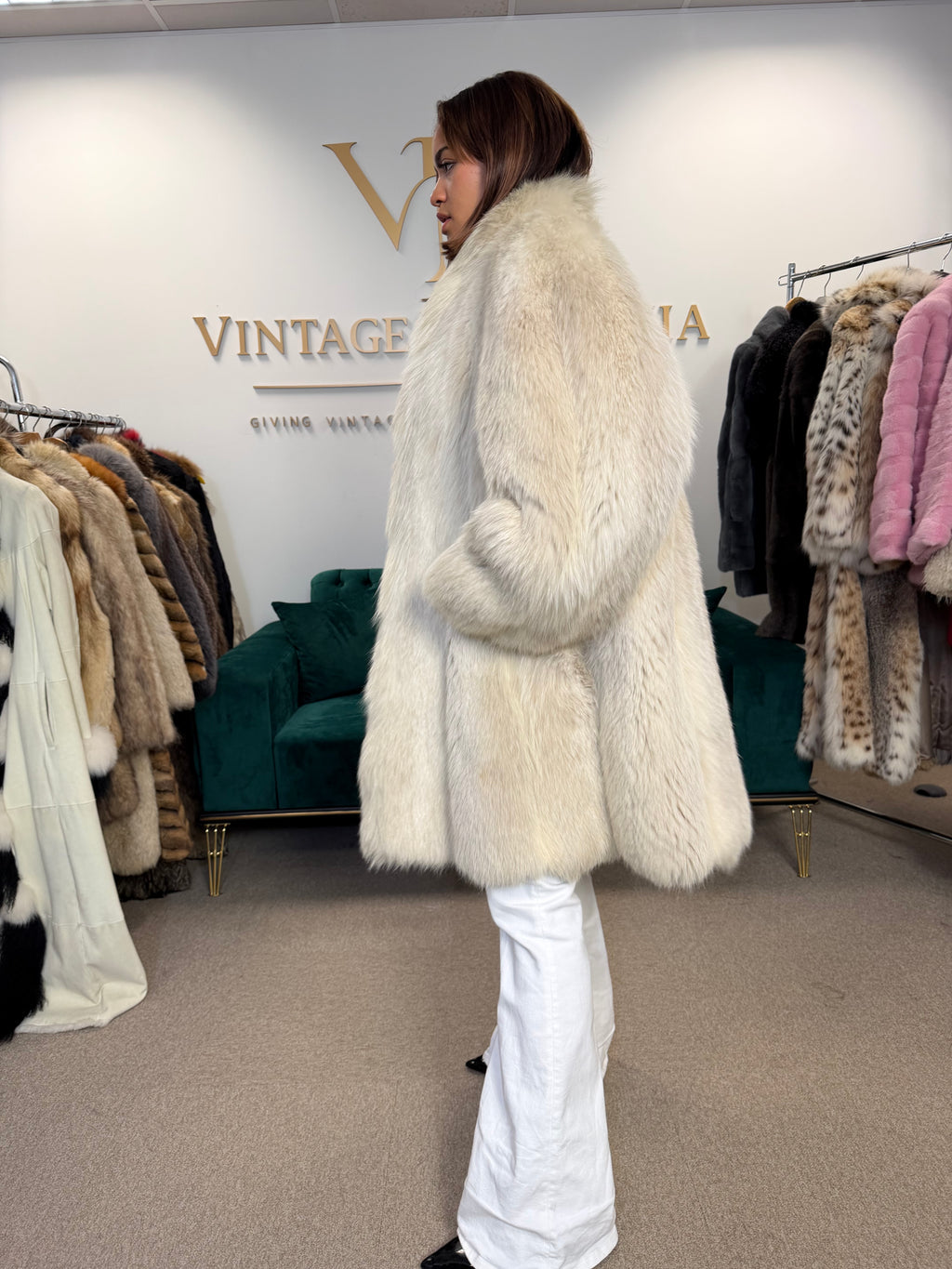 White Nordic Fox Fur Coat, One Size up to 4XL, Open Front