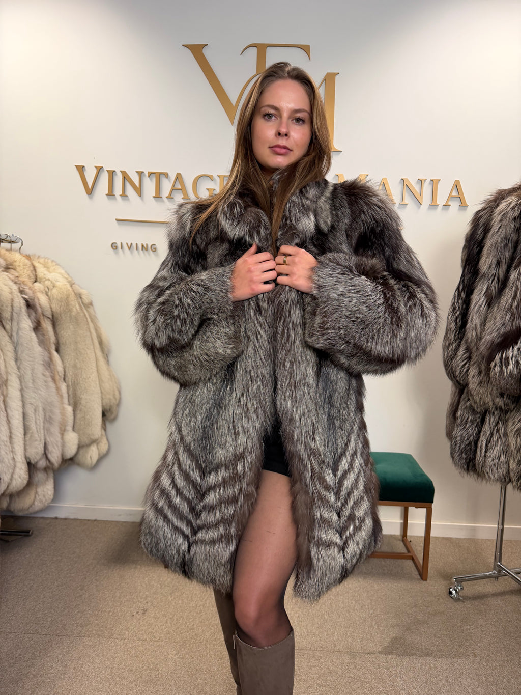 Silver Fox Fur Coat, Medium, Trimmed, Luxury