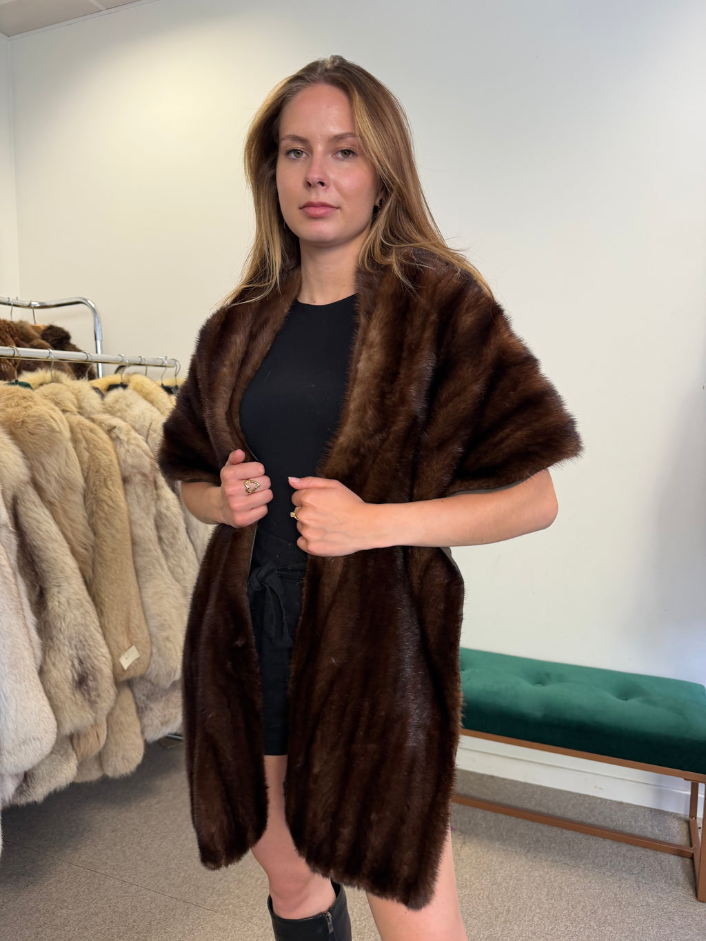 Mink Fur Stole, Dark Brown, Thick 200 cm