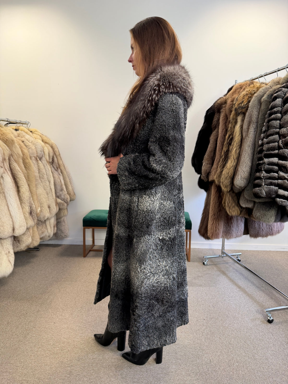 Grey Astrakhan Fur Coat, Silver Fox Collar, Medium, Special Style