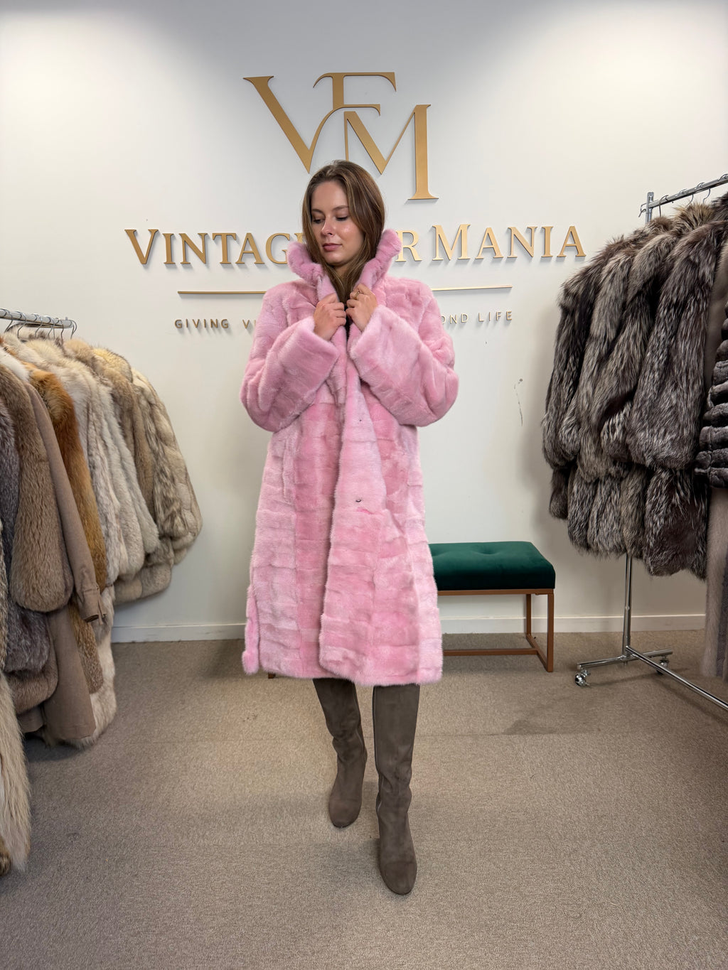 Mink Fur Coat, Pink Swinger, Size M/L