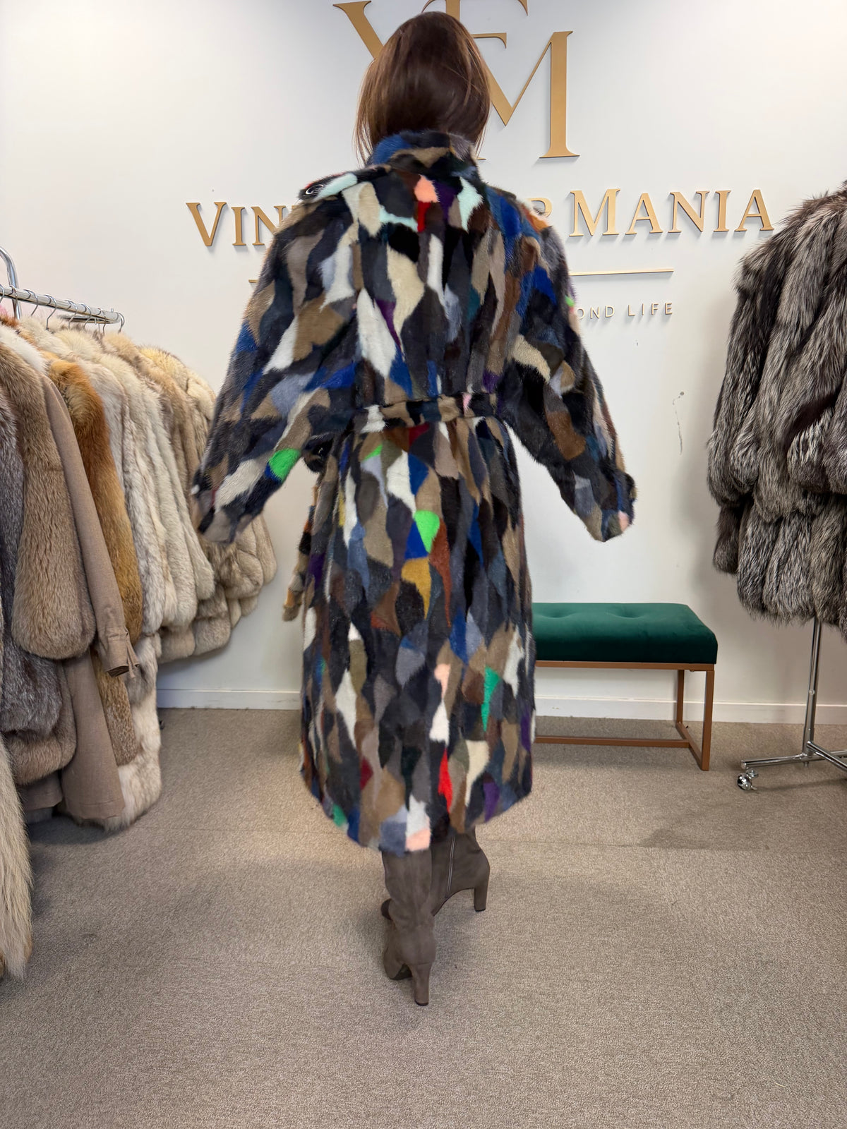 Mixed Colour Dyed Mink Fur Coat, XL, Full Length, Belted