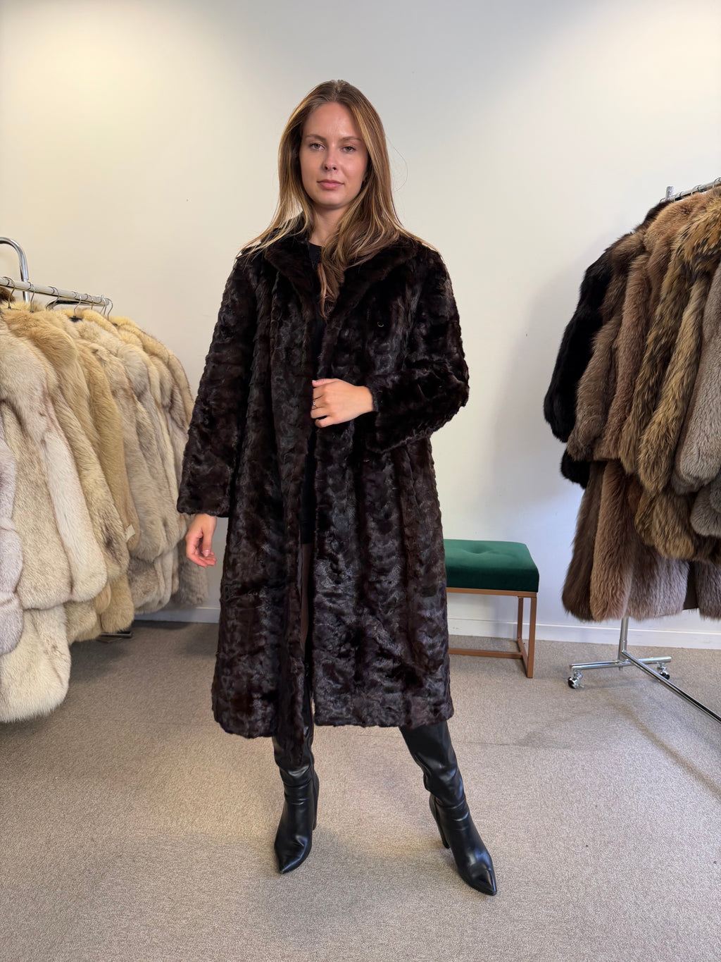 Brown Mink Fur Coat, Pieced, Full Length, Medium