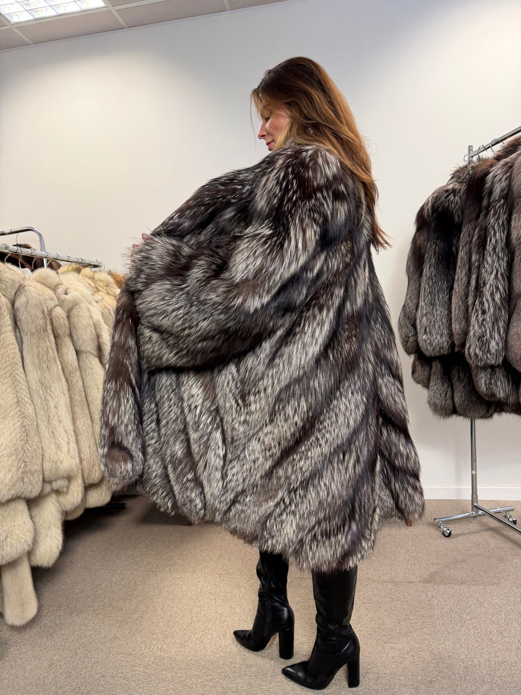 Silver Fox Real Fur Coat, Size XXL, Full Length Shawl Collar