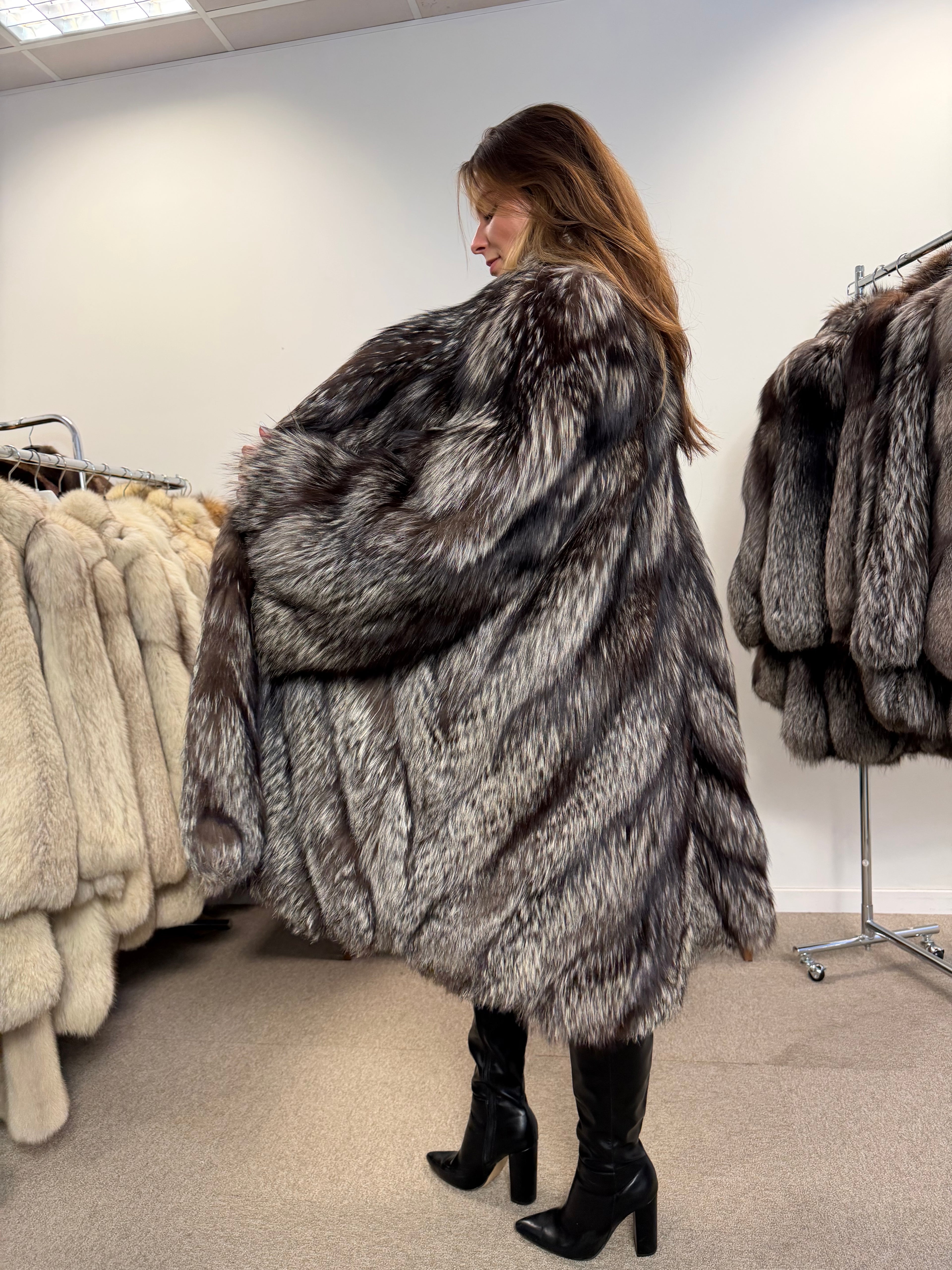 Silver Fox Real Fur Coat, Size XXL, Full Length Shawl Collar