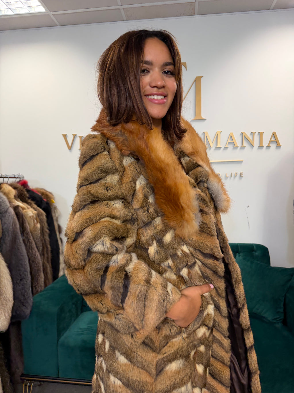 Hamster Fur Coat with Red Fox Collar, Medium, Rare Luxury