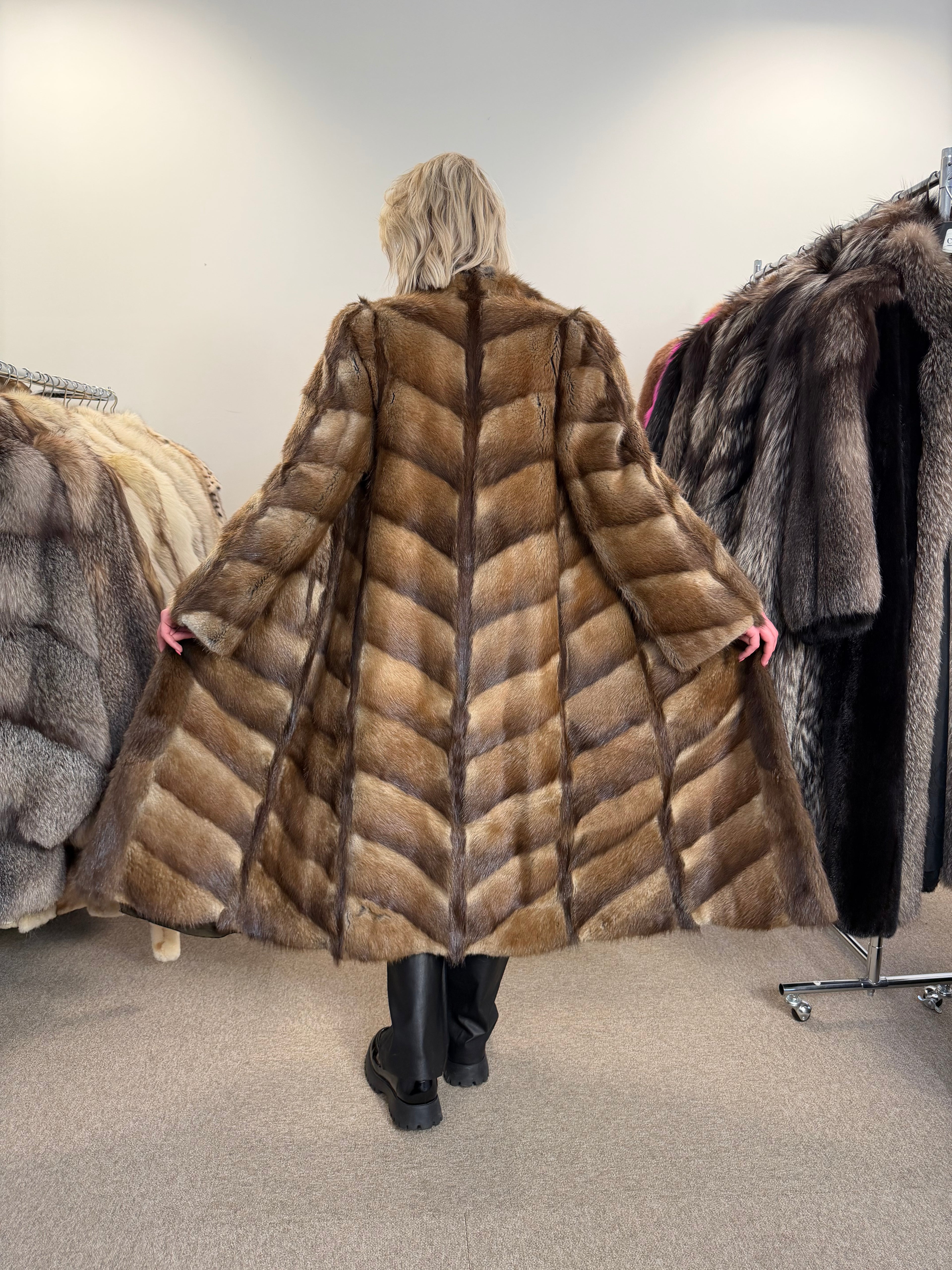 Muskrat Fur Coat, Brown, Full Length, Size S