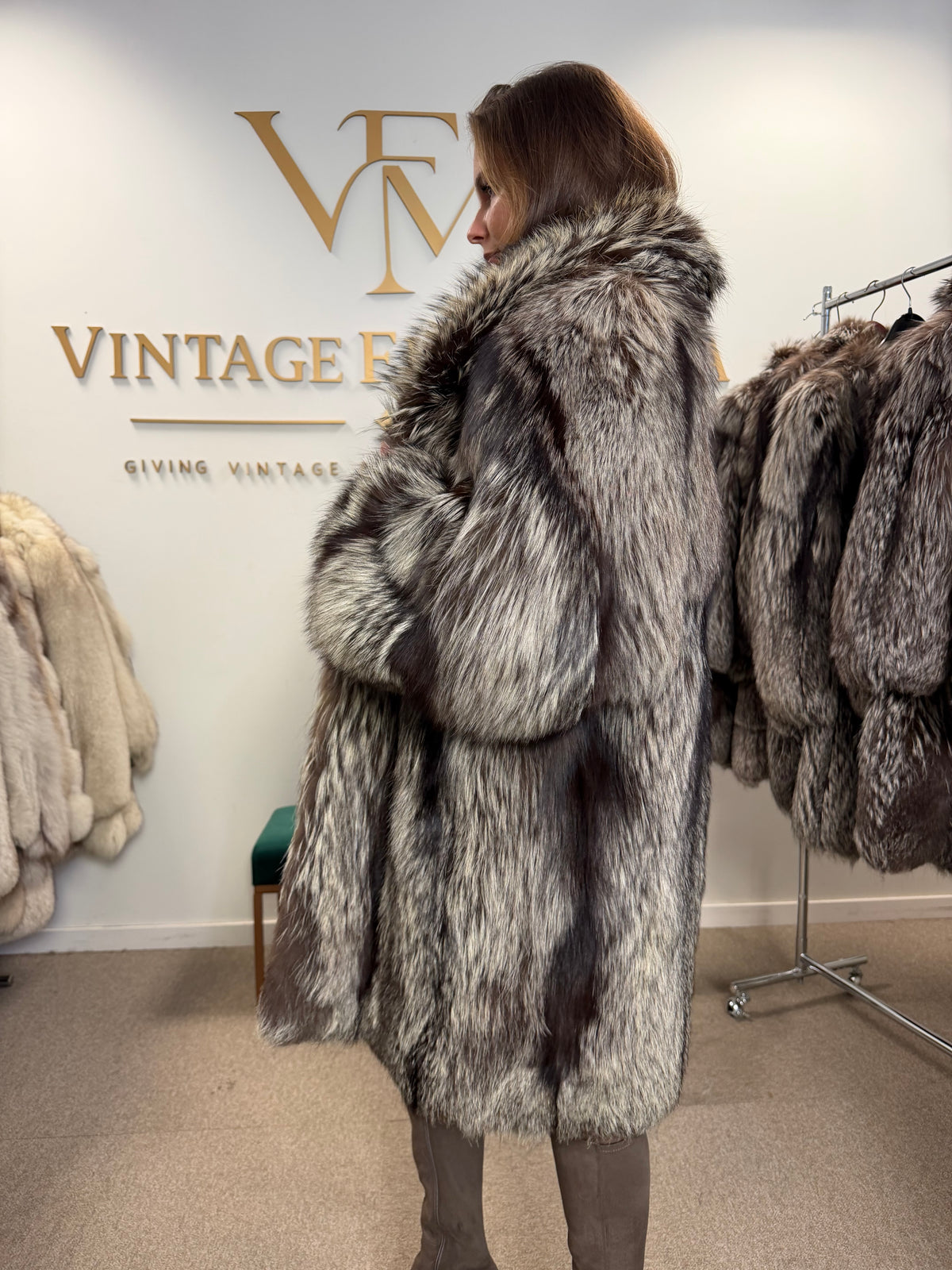 Silver Fox Fur Coat, XL, Super Fluffy