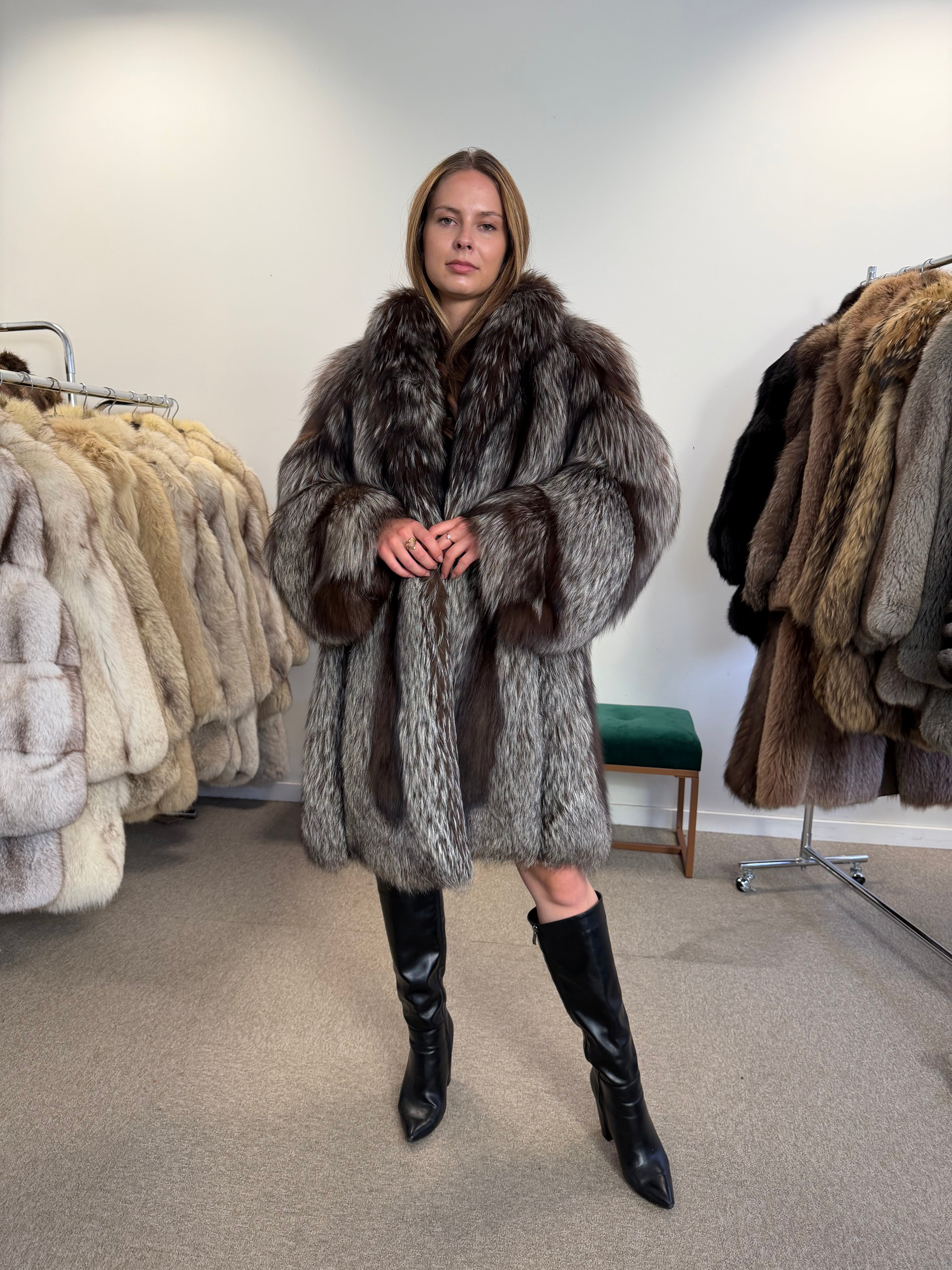 Real Silver Fox Fur Coat, Knee Length, Size L