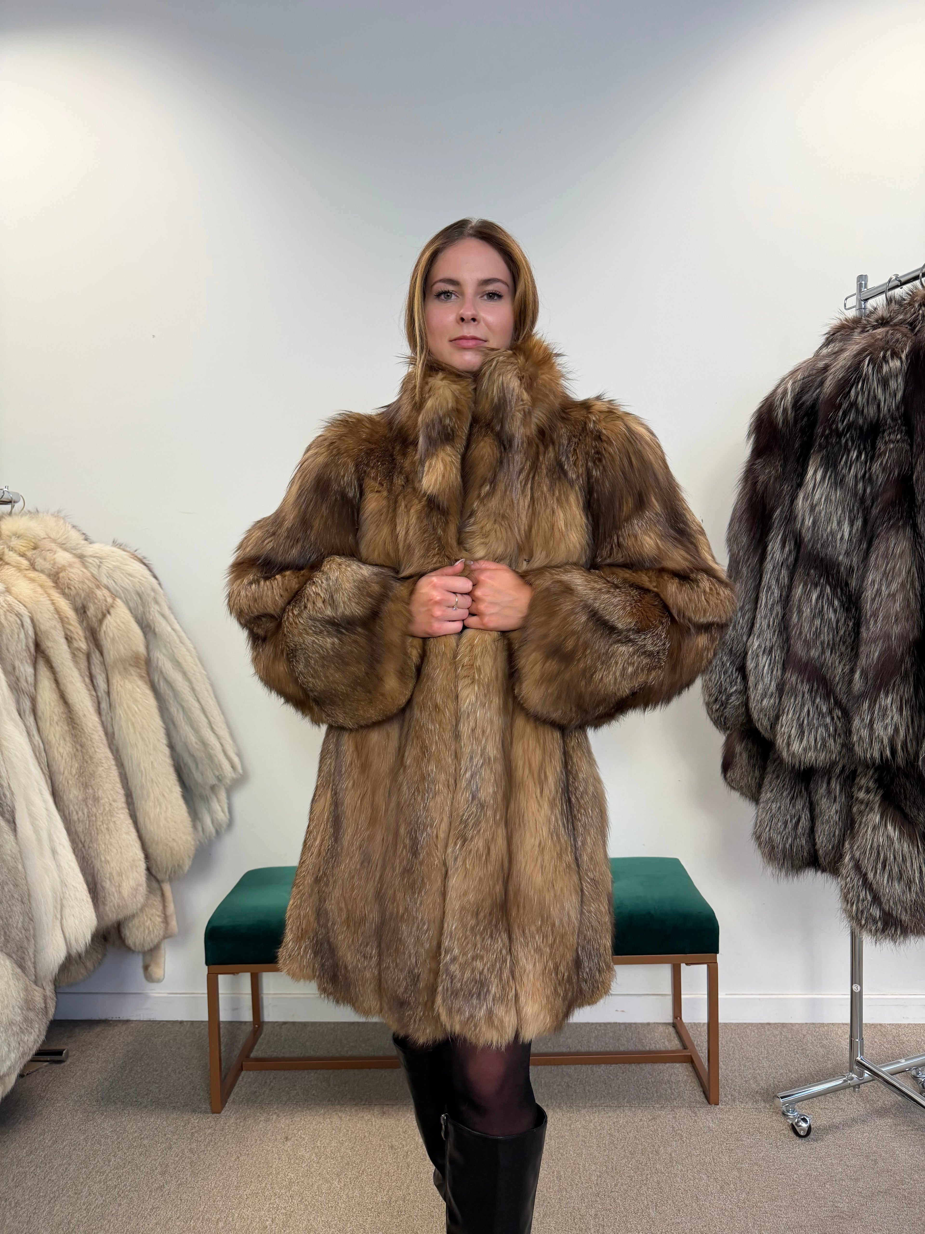 Fox Fur Coat, Cross Fox, Shoulder Pads, Size M