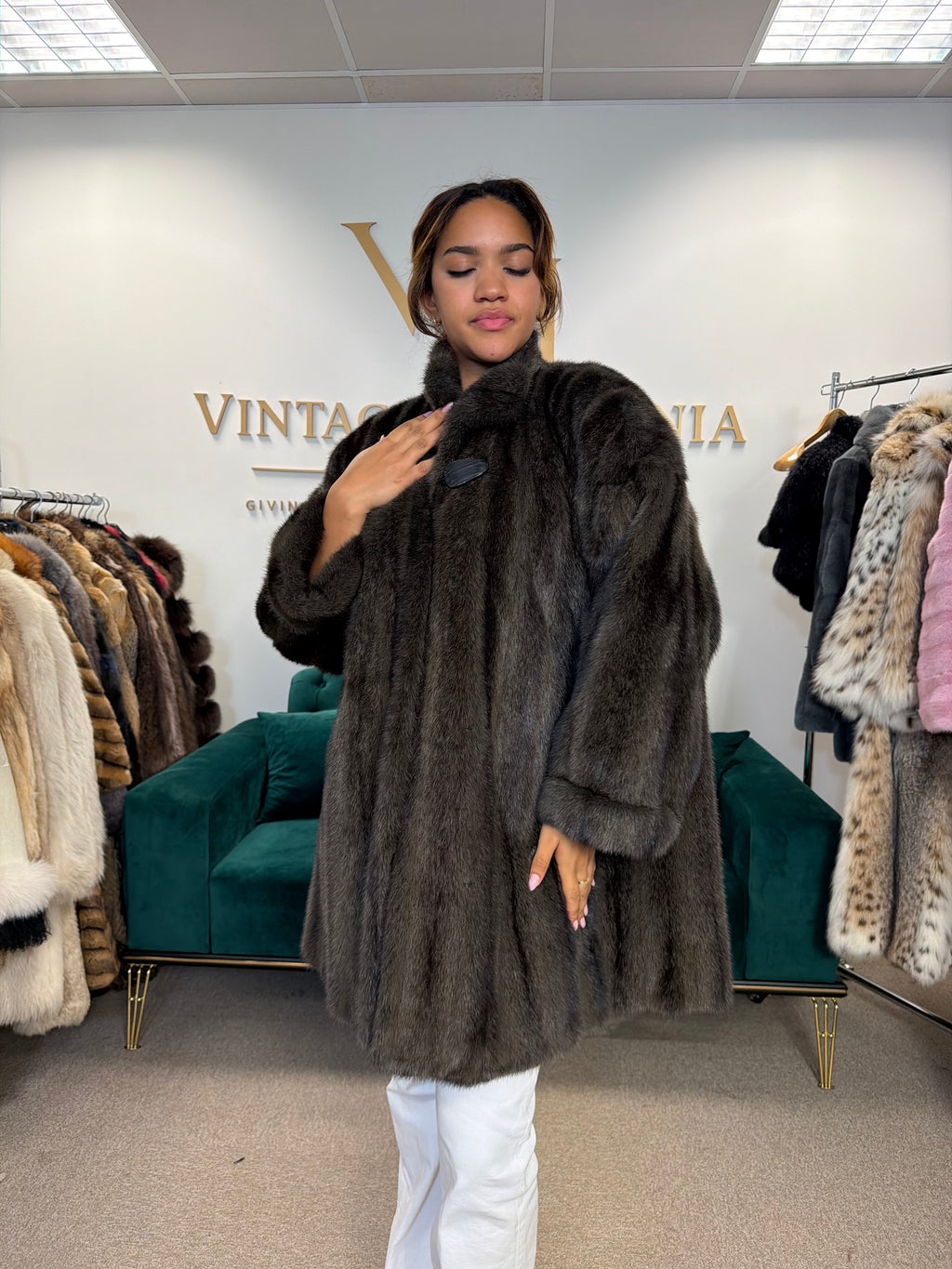 Dark Green Dyed Cross Mink Fur Jacket, 3XL, Oversize