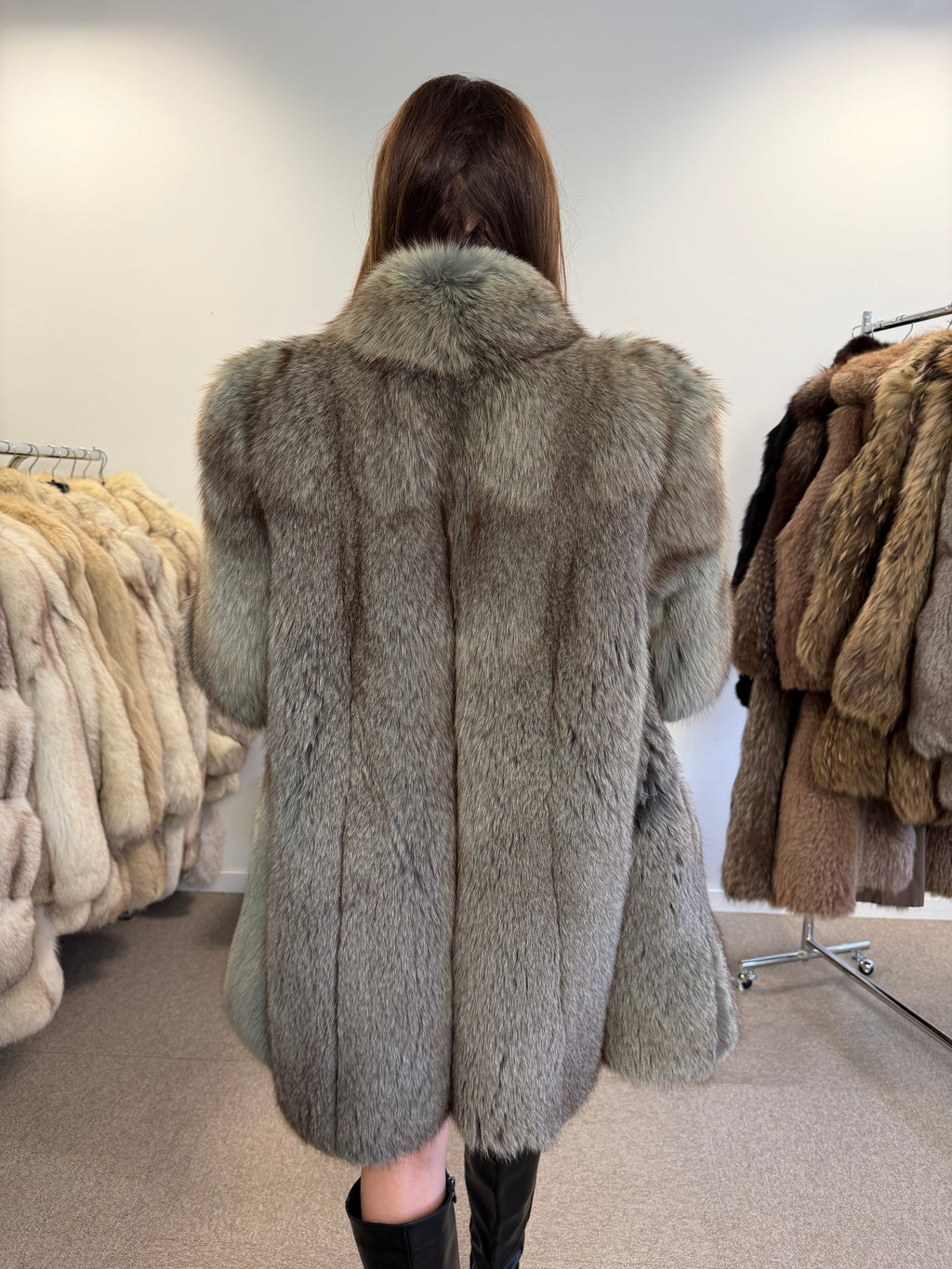 Blue Fox Fur Coat, Light Blue, Size M