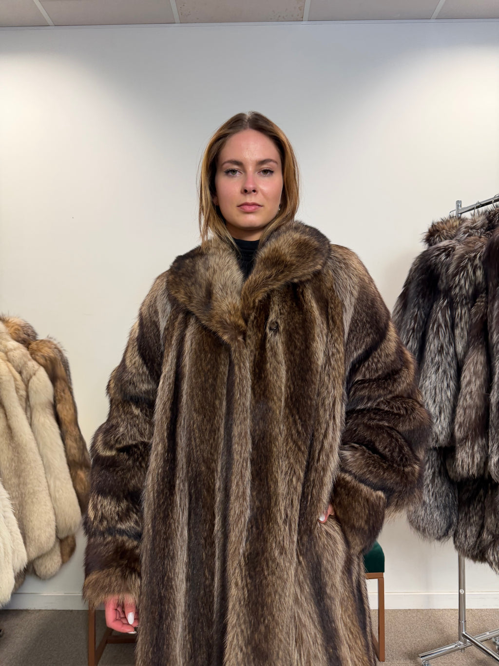 Raccoon Fur Coat, Full Length, Size L