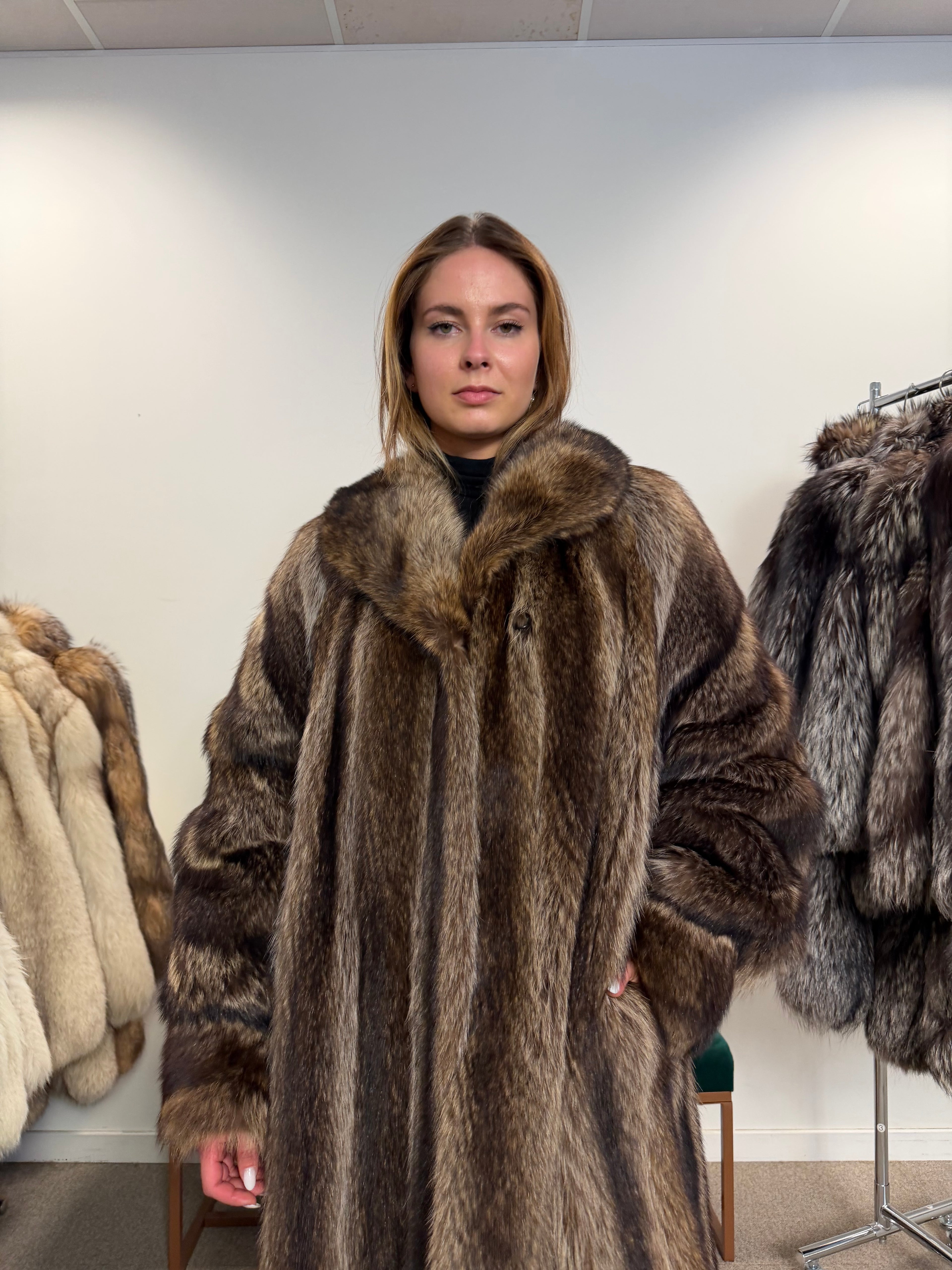 Raccoon Real Fur Coat, Size L, Full Length