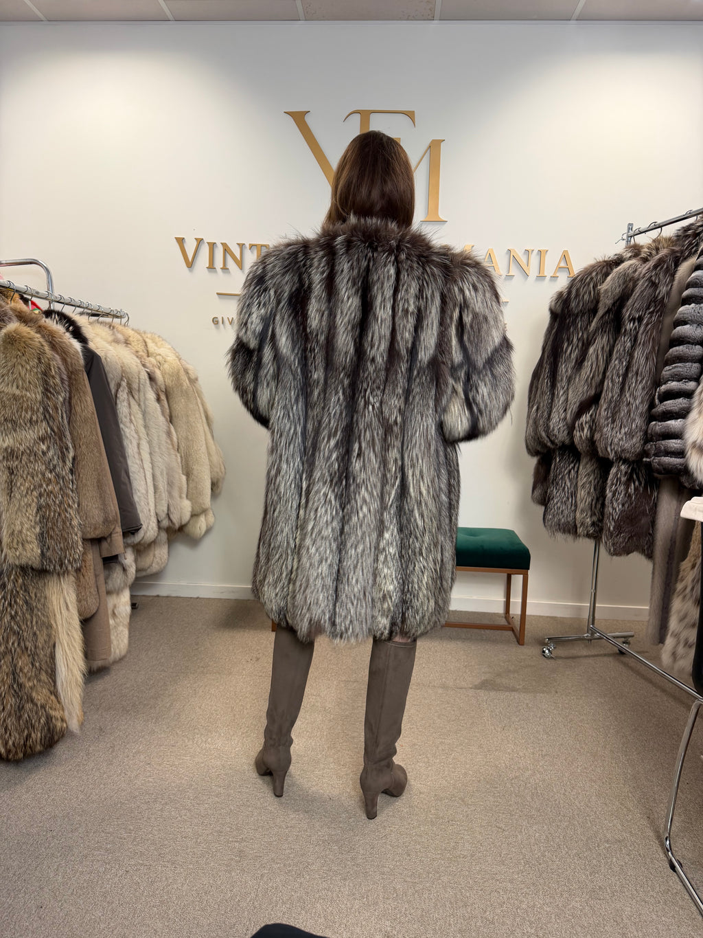 Silver Fox Fur Coat, XL, Collarless, Rare Style