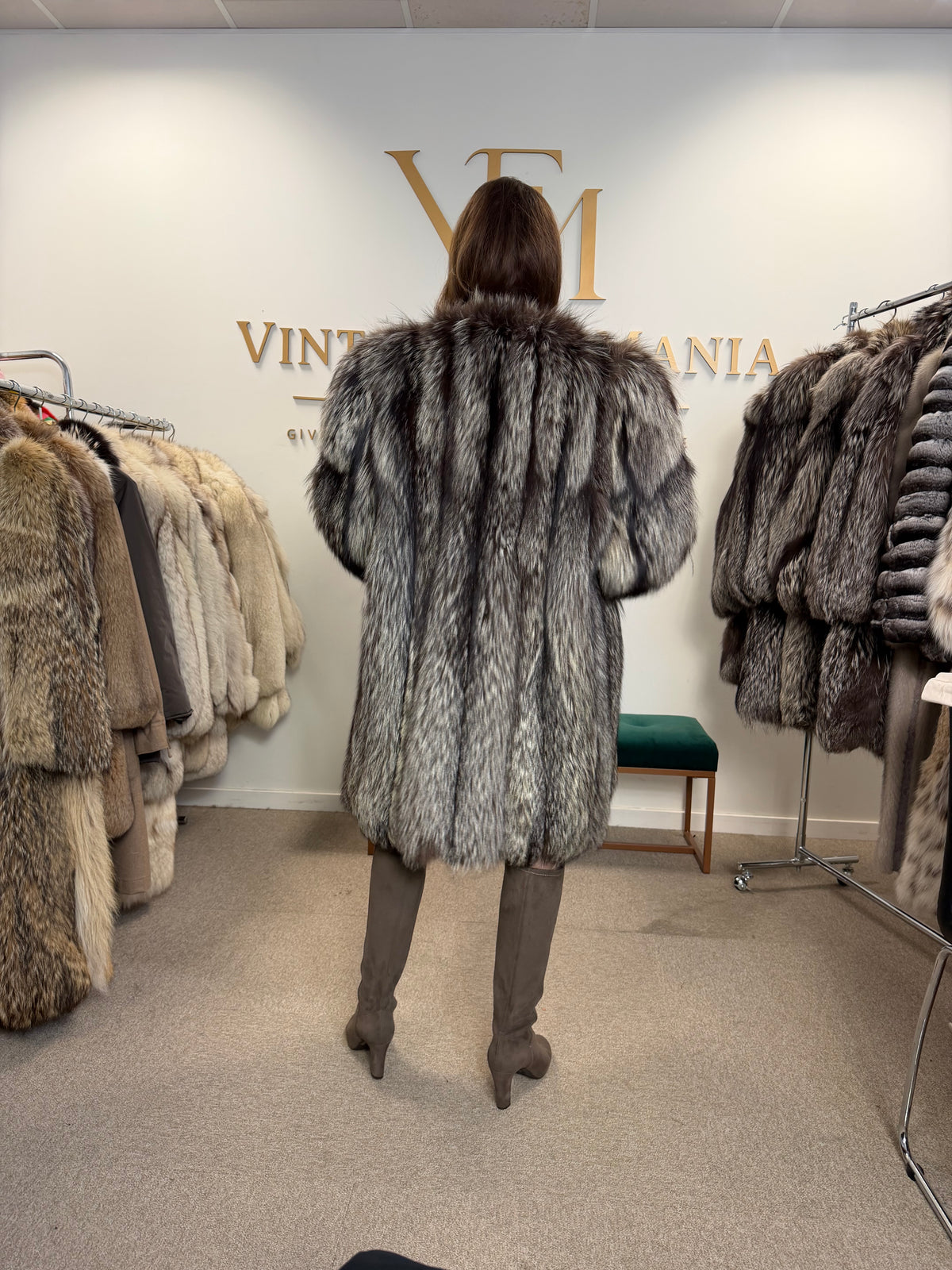 Silver Fox Fur Coat, XL, Collarless, Rare Style