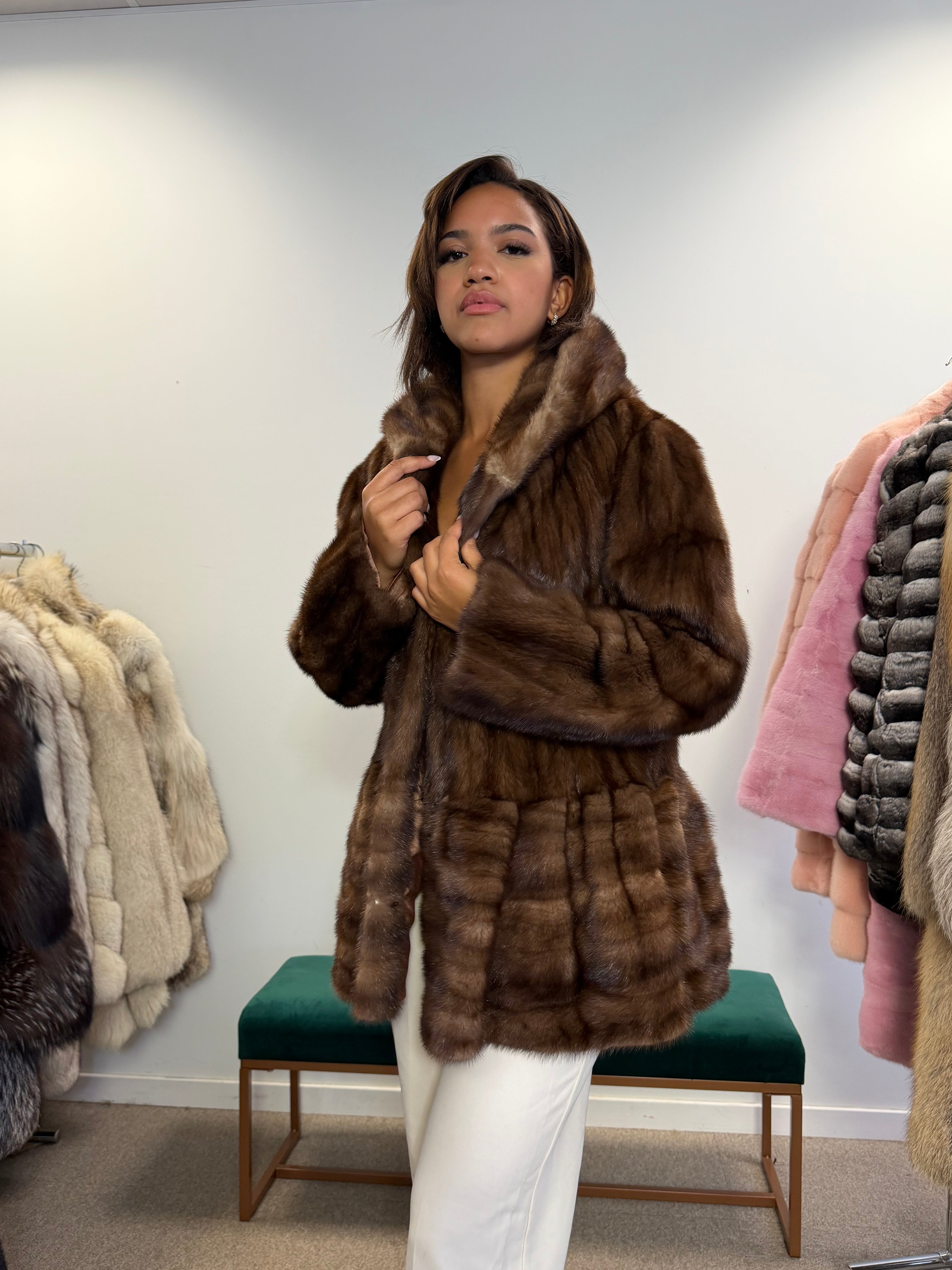NEW Mink Fur Coat, Light Brown Hooded, Medium