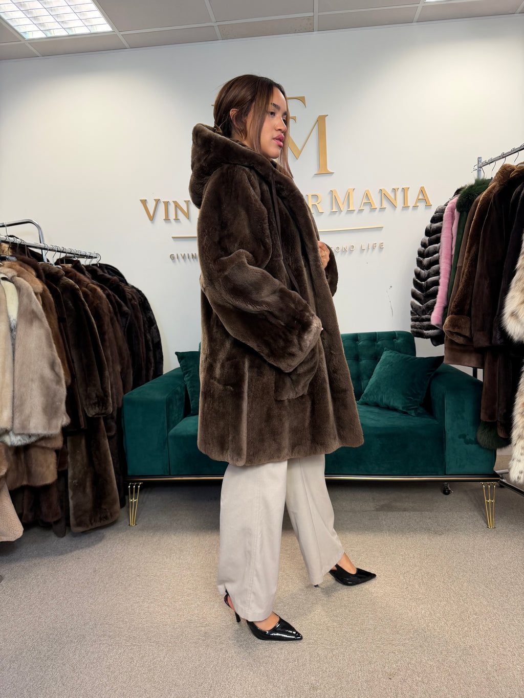 Sheared Beaver Fur Coat, Hooded, Oversize up to 3XL