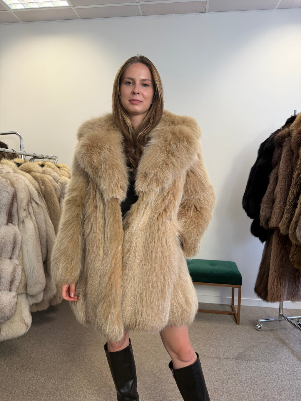 Fluffy Fox Fur Jacket, Beige Cream, Size M