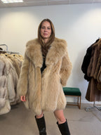 Fluffy Fox Fur Jacket, Beige Cream, Size M