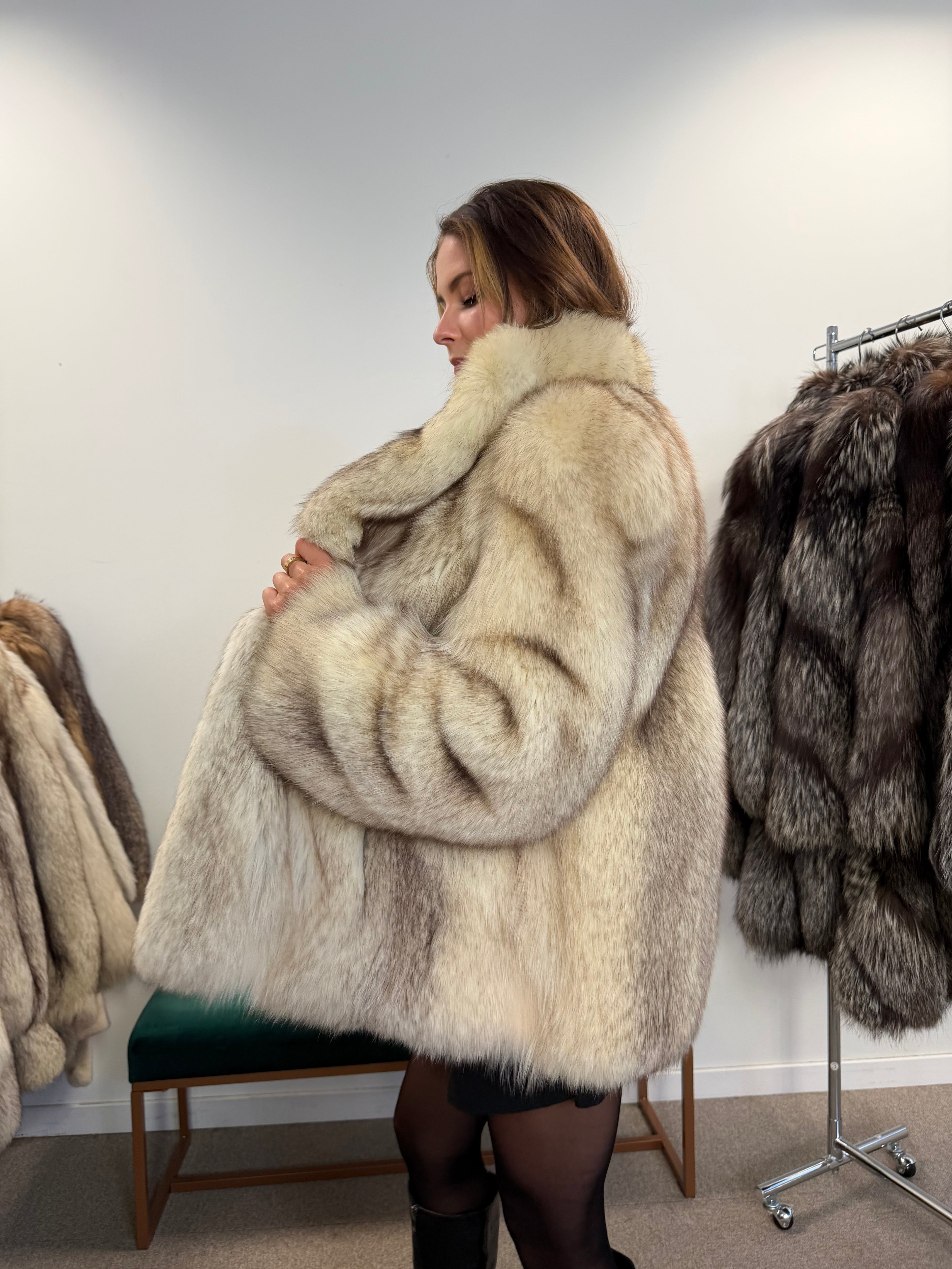 White Nordic Fox Real Fur Jacket, Size M