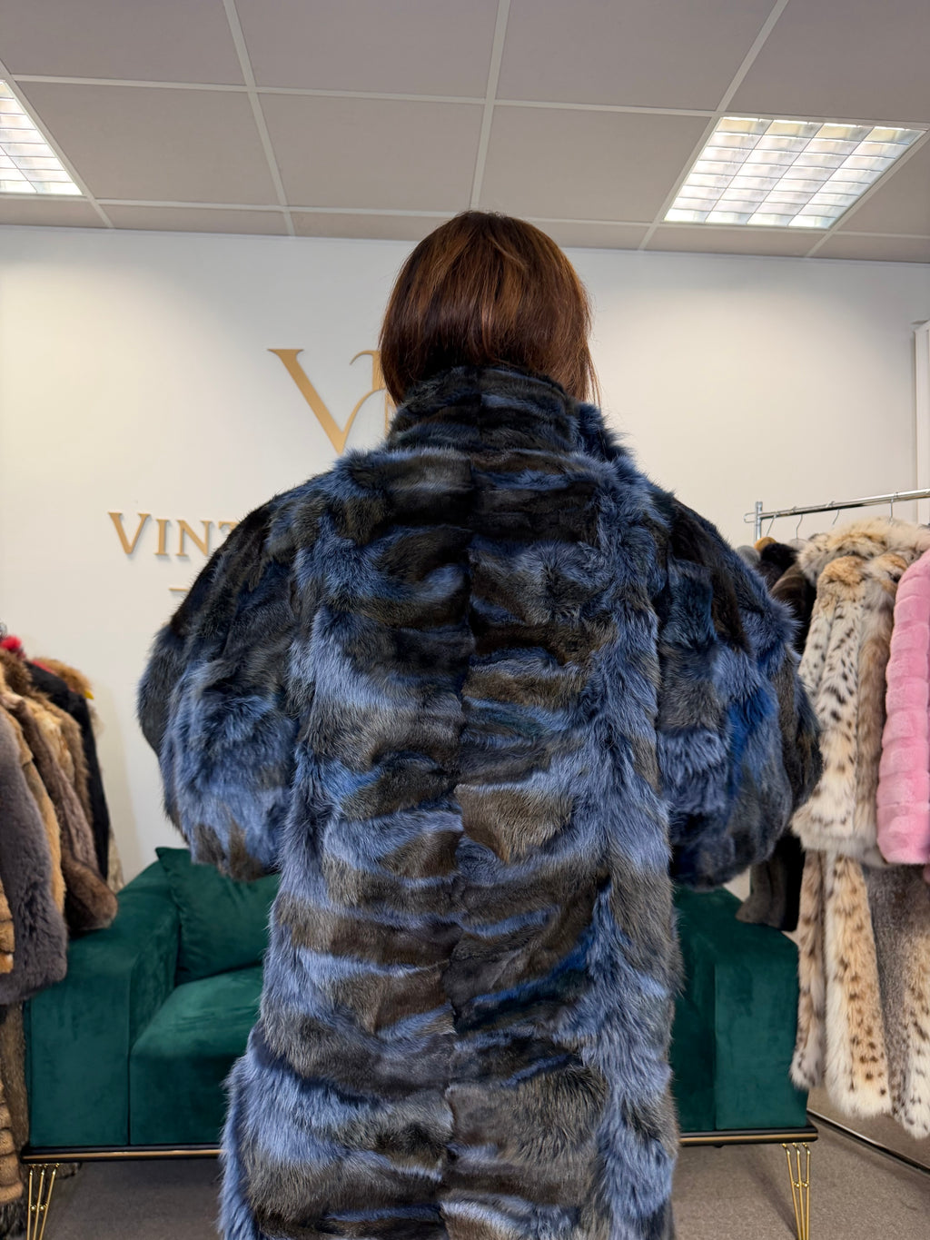 Blue & Black Dyed Fox Fur Coat, Large, Pieced