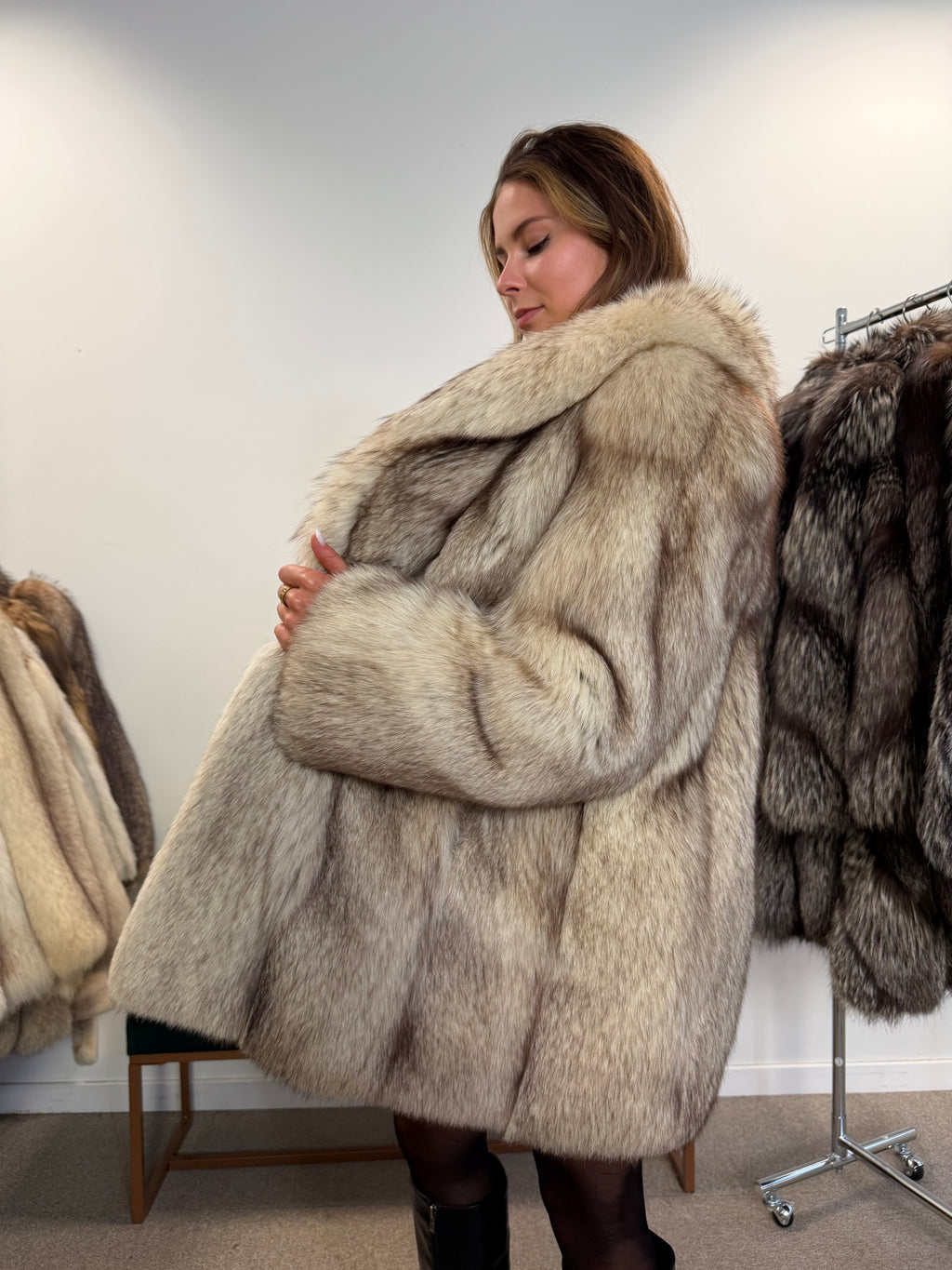 White Blue Fox Fur Coat, Size M