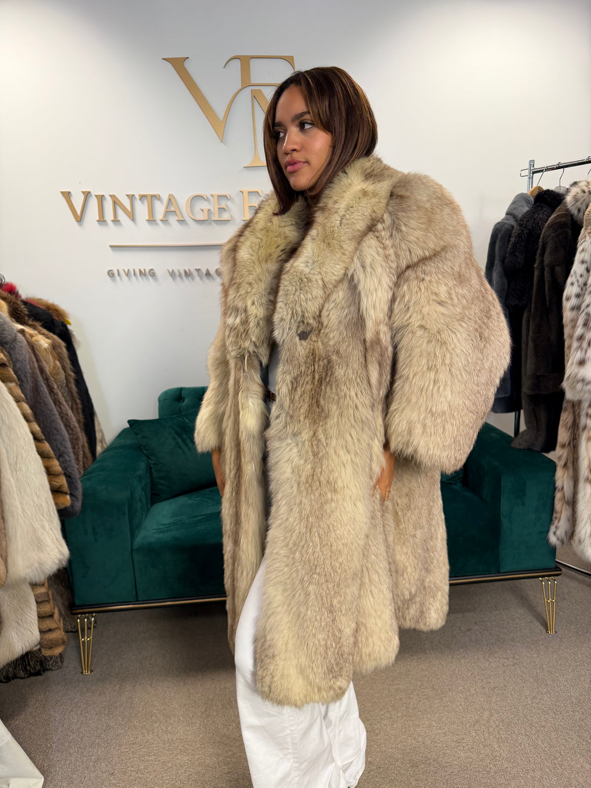 White Nordic Fox Fur Coat, Large, Outlet
