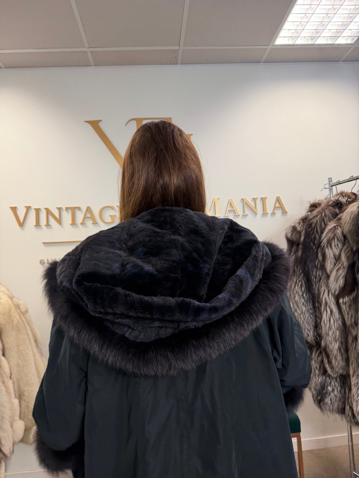 Blue & Black Mink-Lined Overcoat, XL, Hooded, Fox Collar