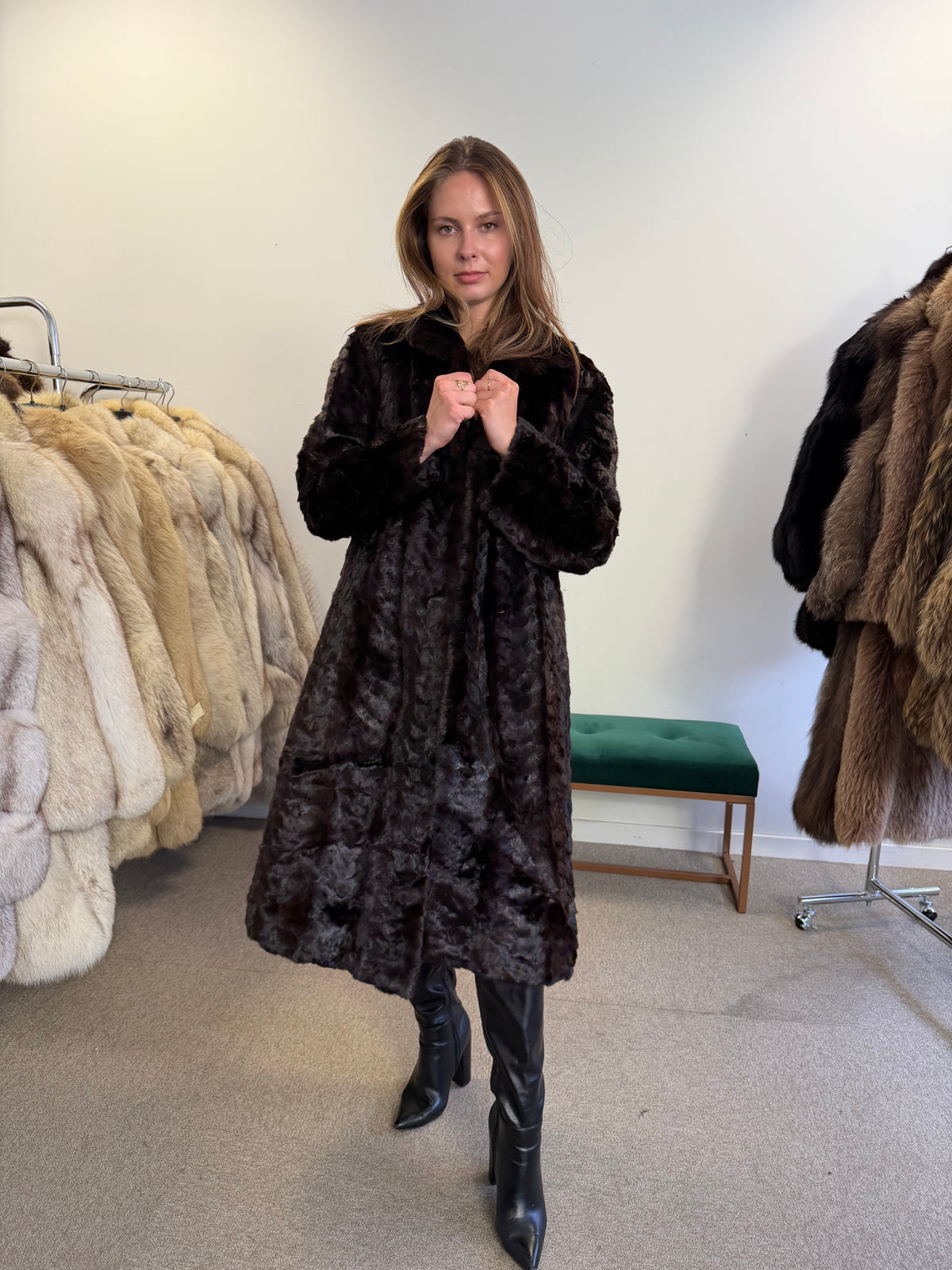 Brown Mink Fur Coat, Pieced, Full Length, Medium