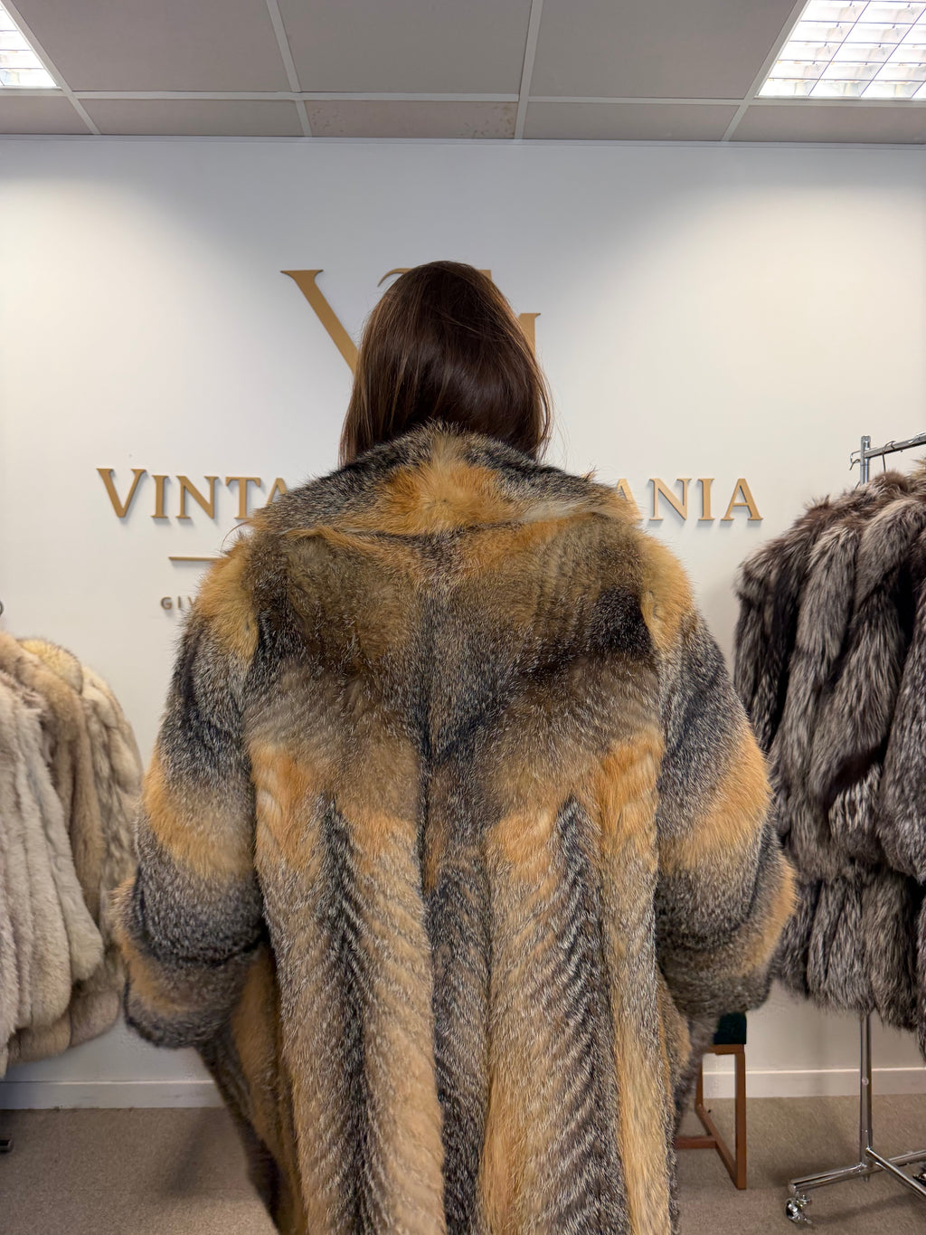Grey Cross Fox Fur Coat, Large, Full Length