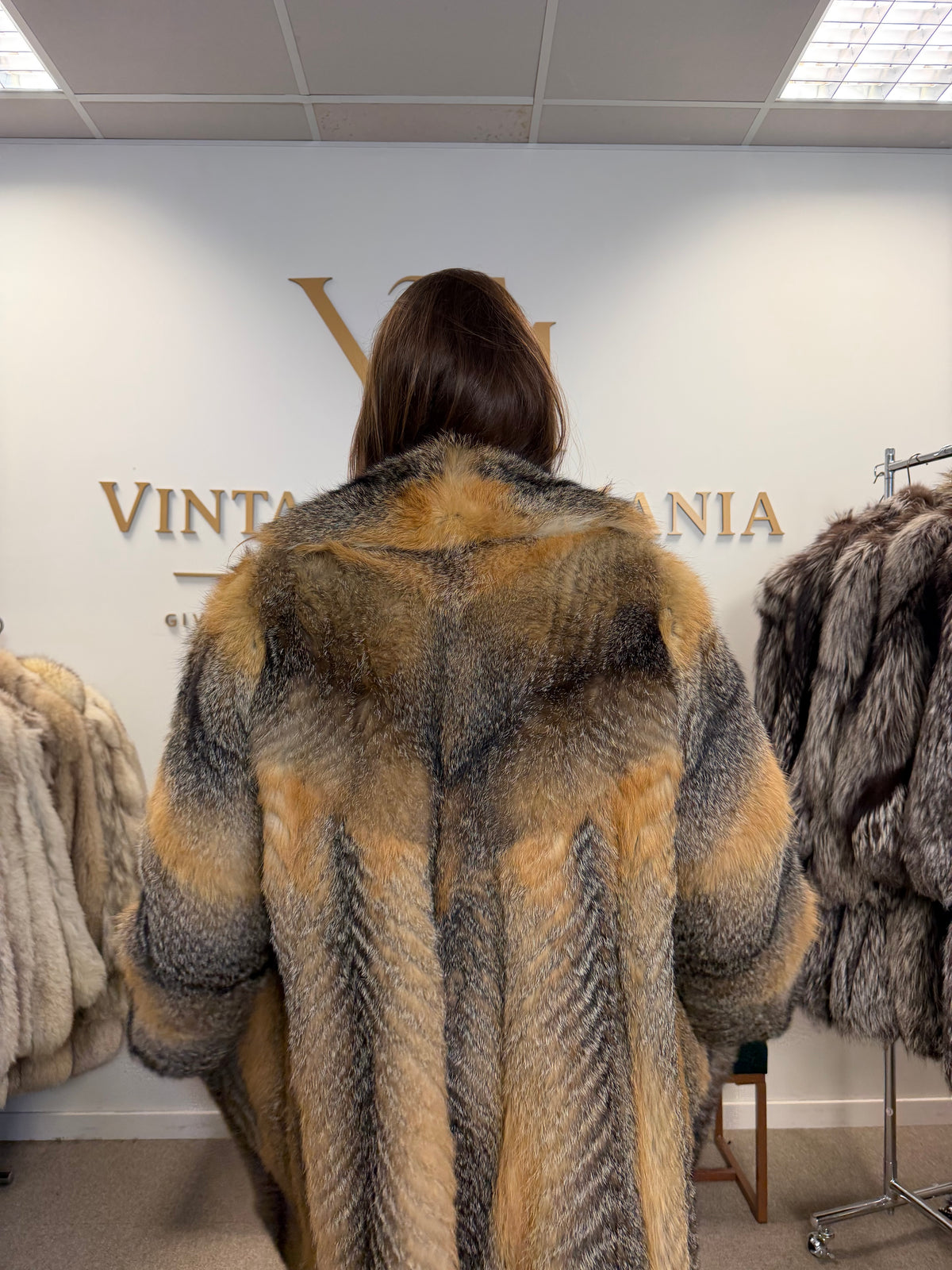 Grey Cross Fox Fur Coat, Large, Full Length