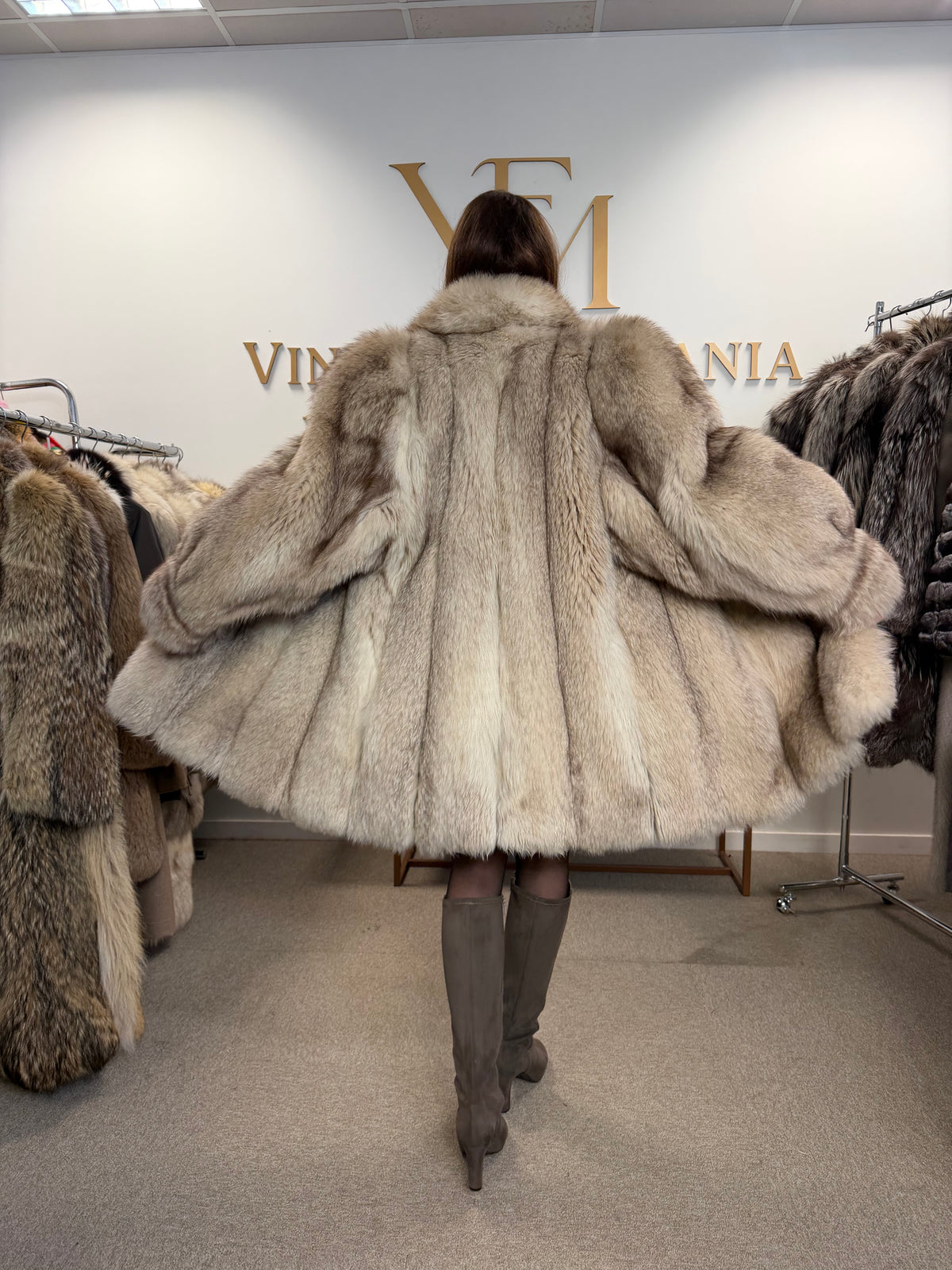 White Fox Fur Coat, Large, Brown Lining