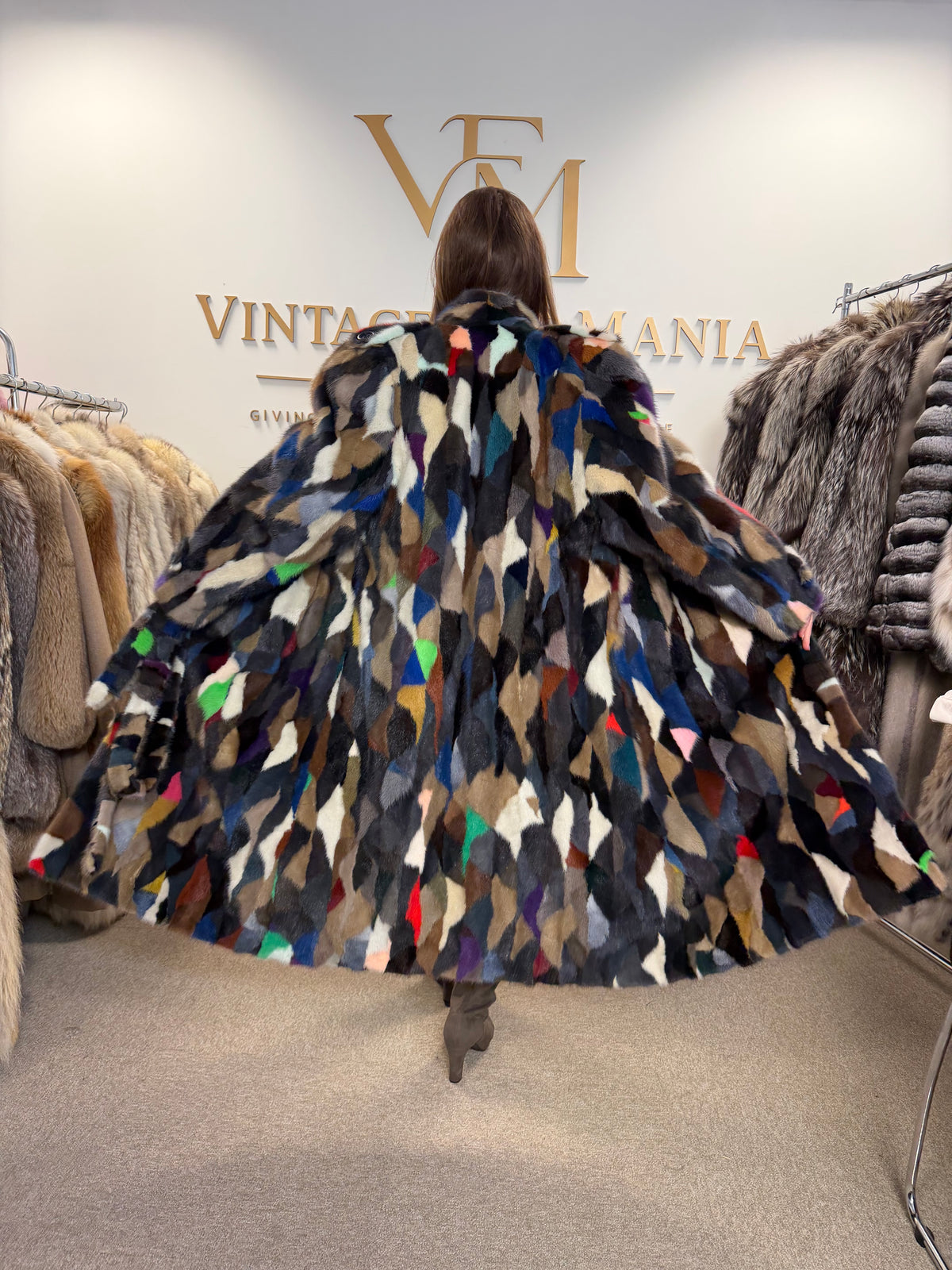 Mixed Colour Dyed Mink Fur Coat, XL, Full Length, Belted