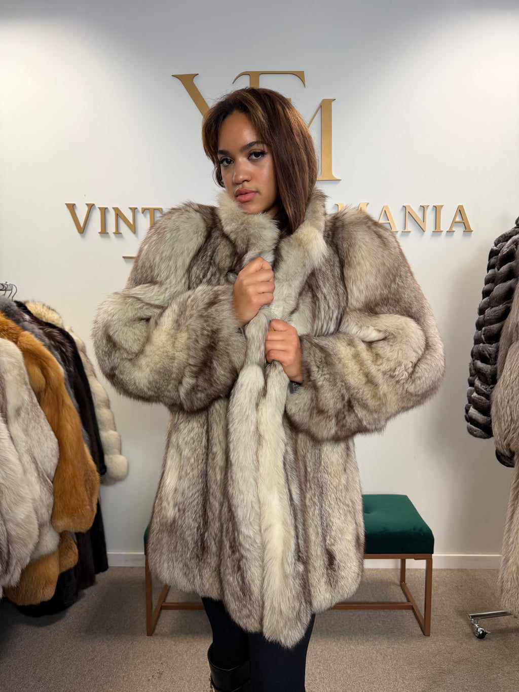 White Blue Fox Fur Coat, Dark Reflection, Medium