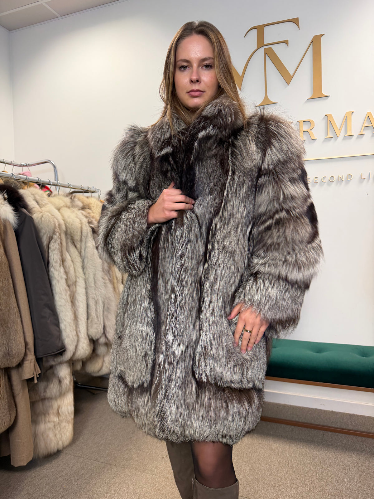 Silver Fox Fur Coat, Medium, Fluffy Soft