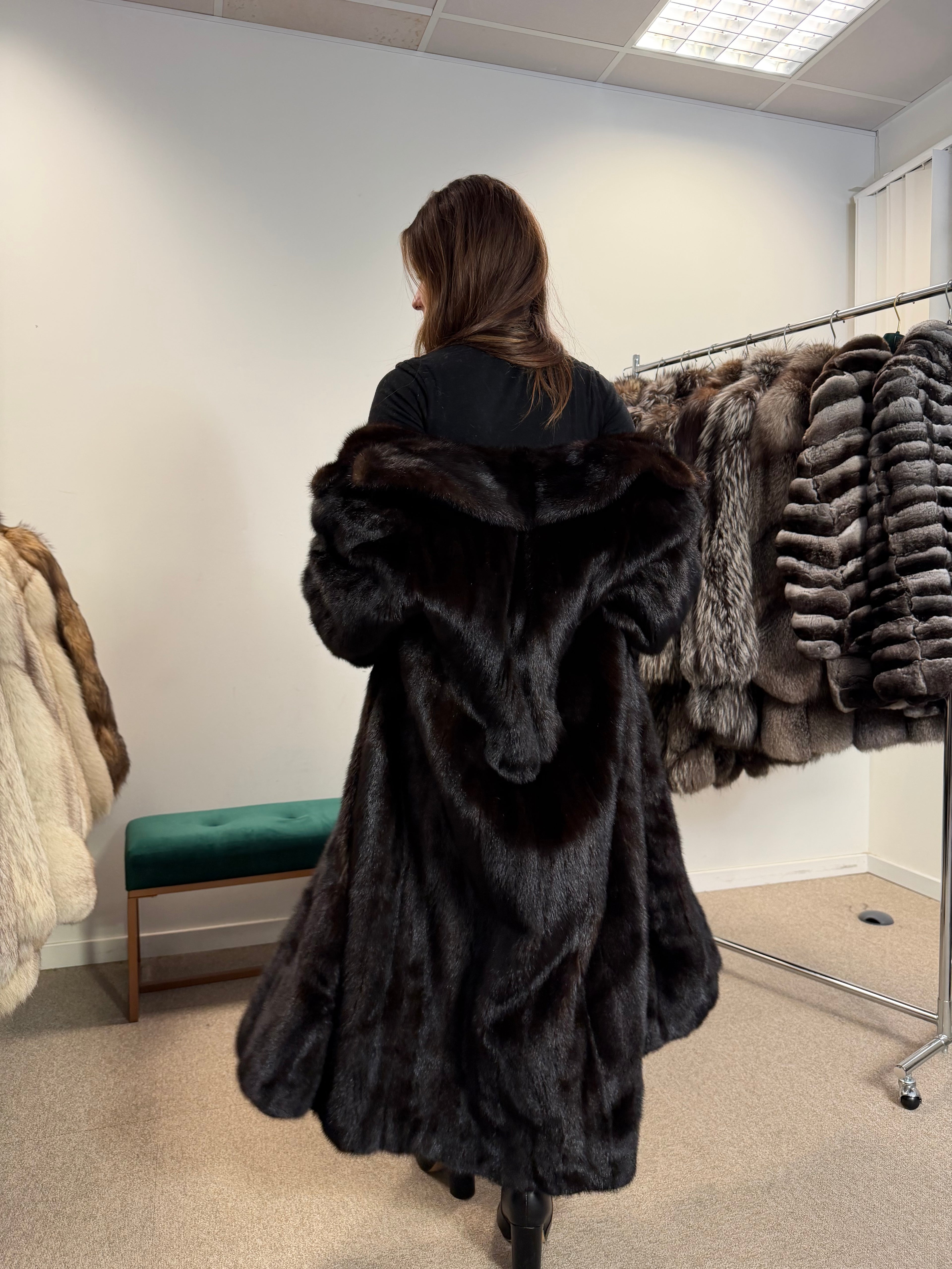 Mink Fur Coat, Dark Brown, Full Length, Size L