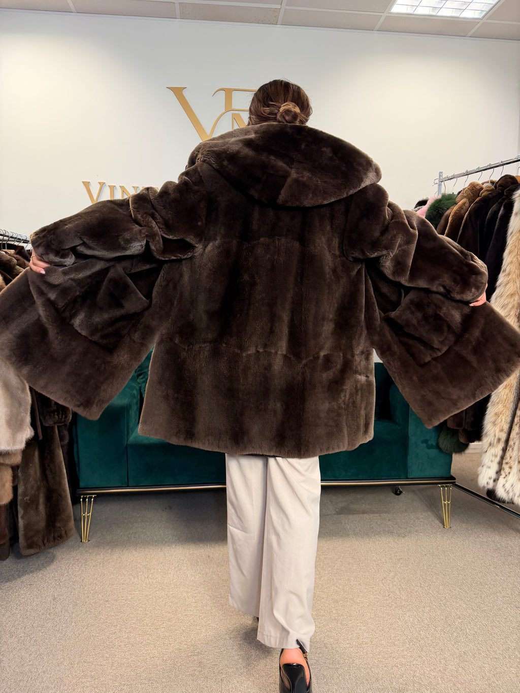 Sheared Beaver Fur Coat, Hooded, Oversize up to 3XL