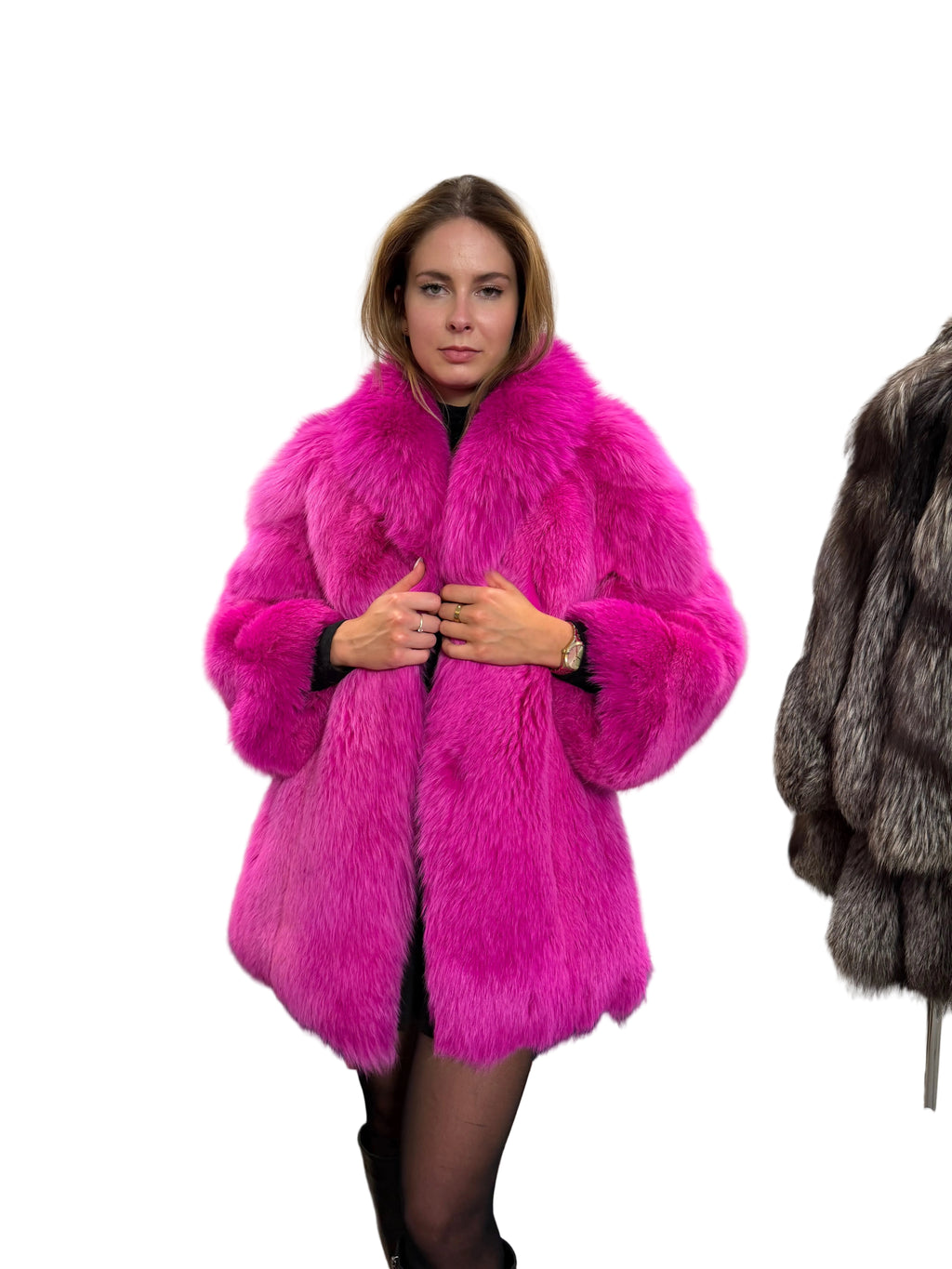 Pink dyed arctic fox fur coat - Small size